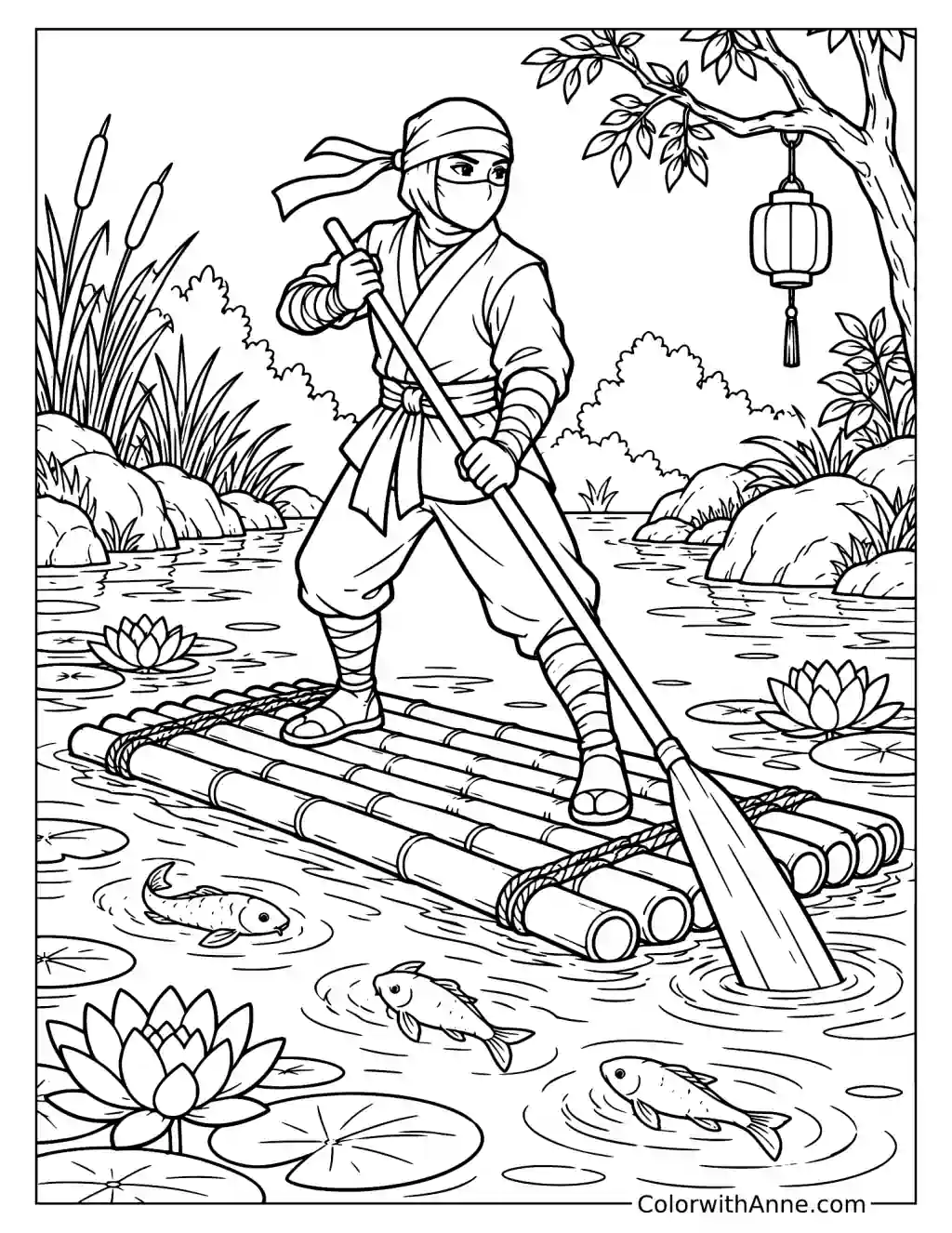 Ninja Rowing a Bamboo Raft Coloring Page