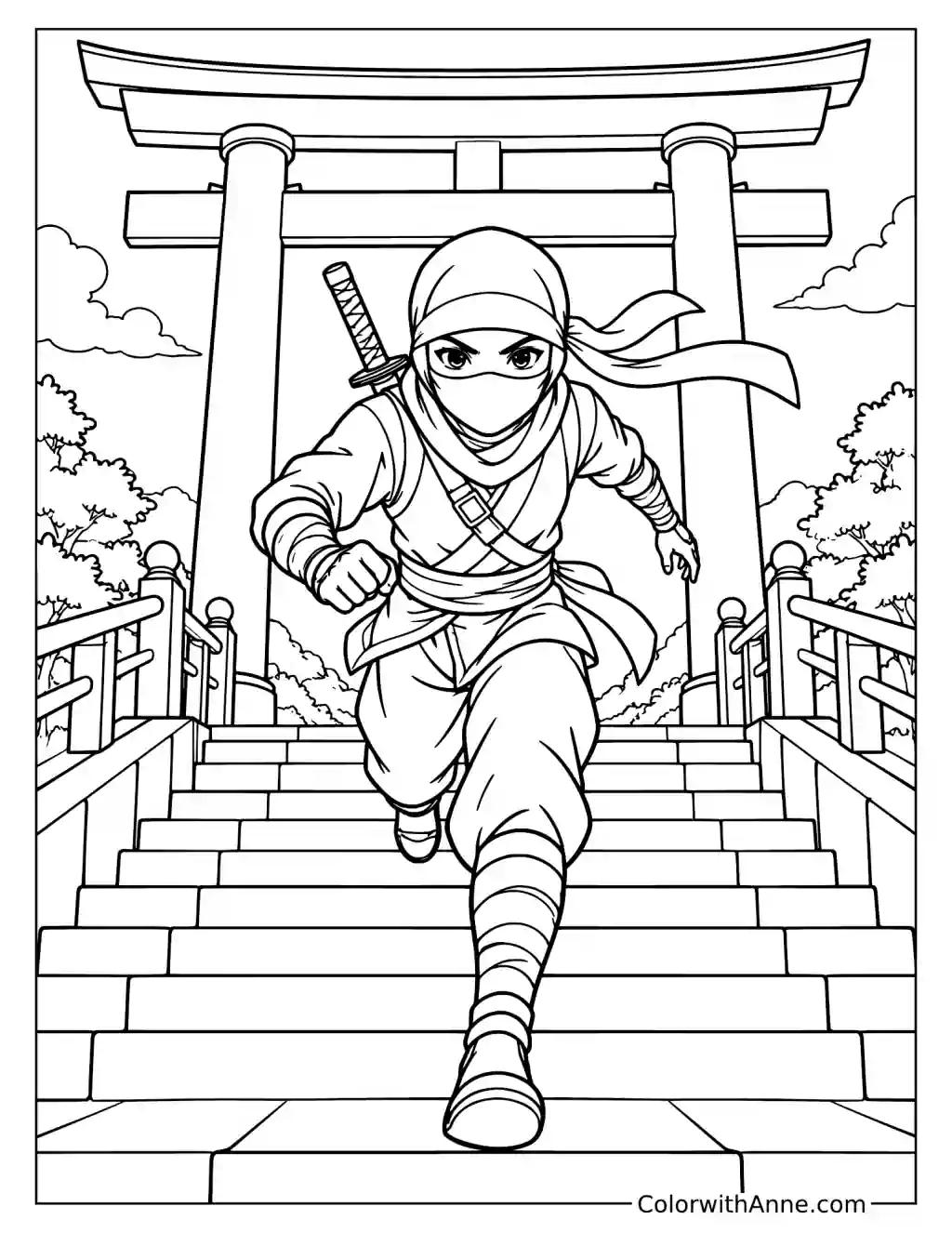Ninja Running through a Torii Gate Action Coloring Page