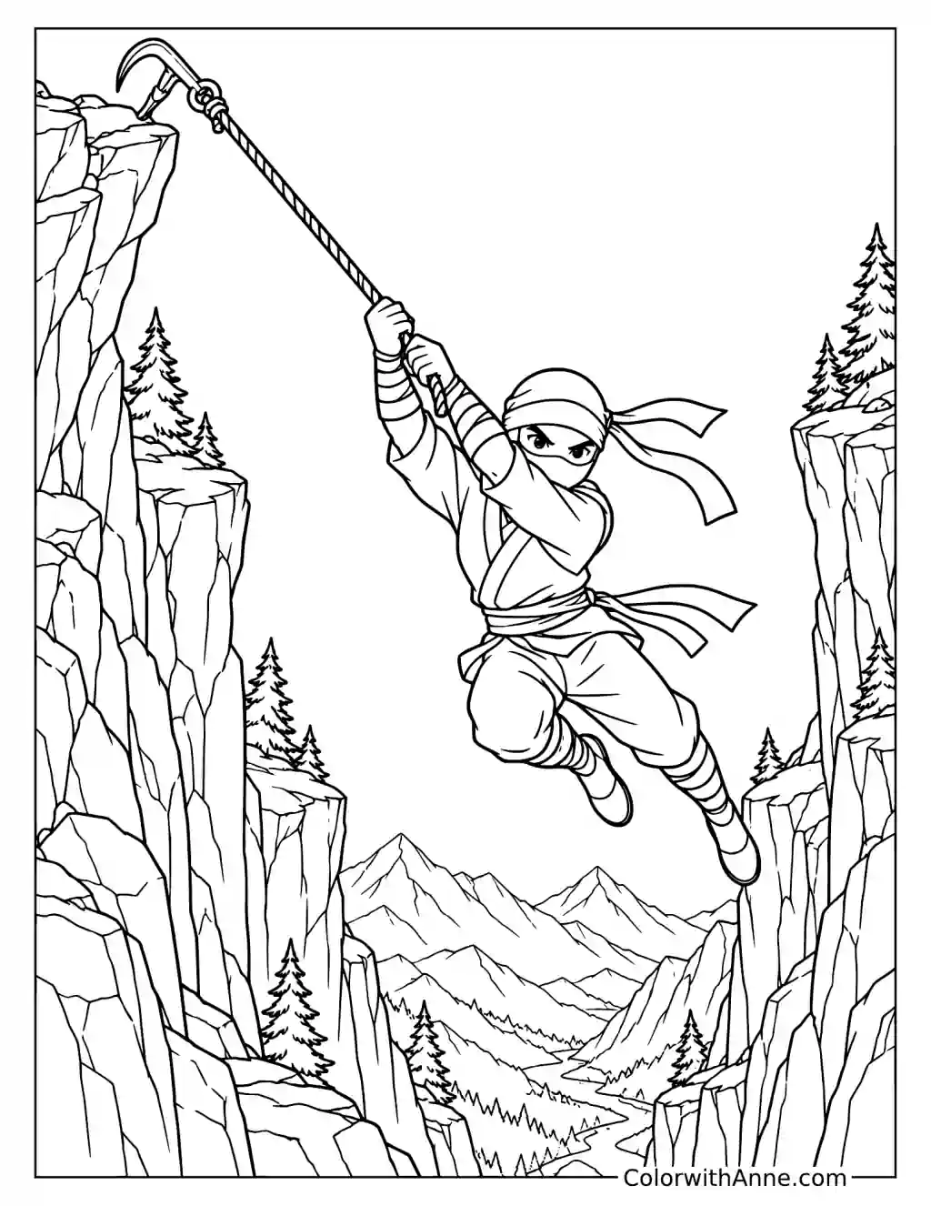 Ninja Swinging Across the Mountain Cliffs Coloring Page