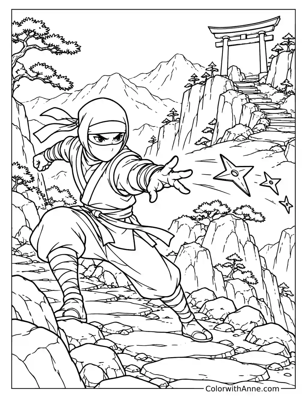 Ninja Throwing Shuriken on a Rocky Mountain Path Coloring Page