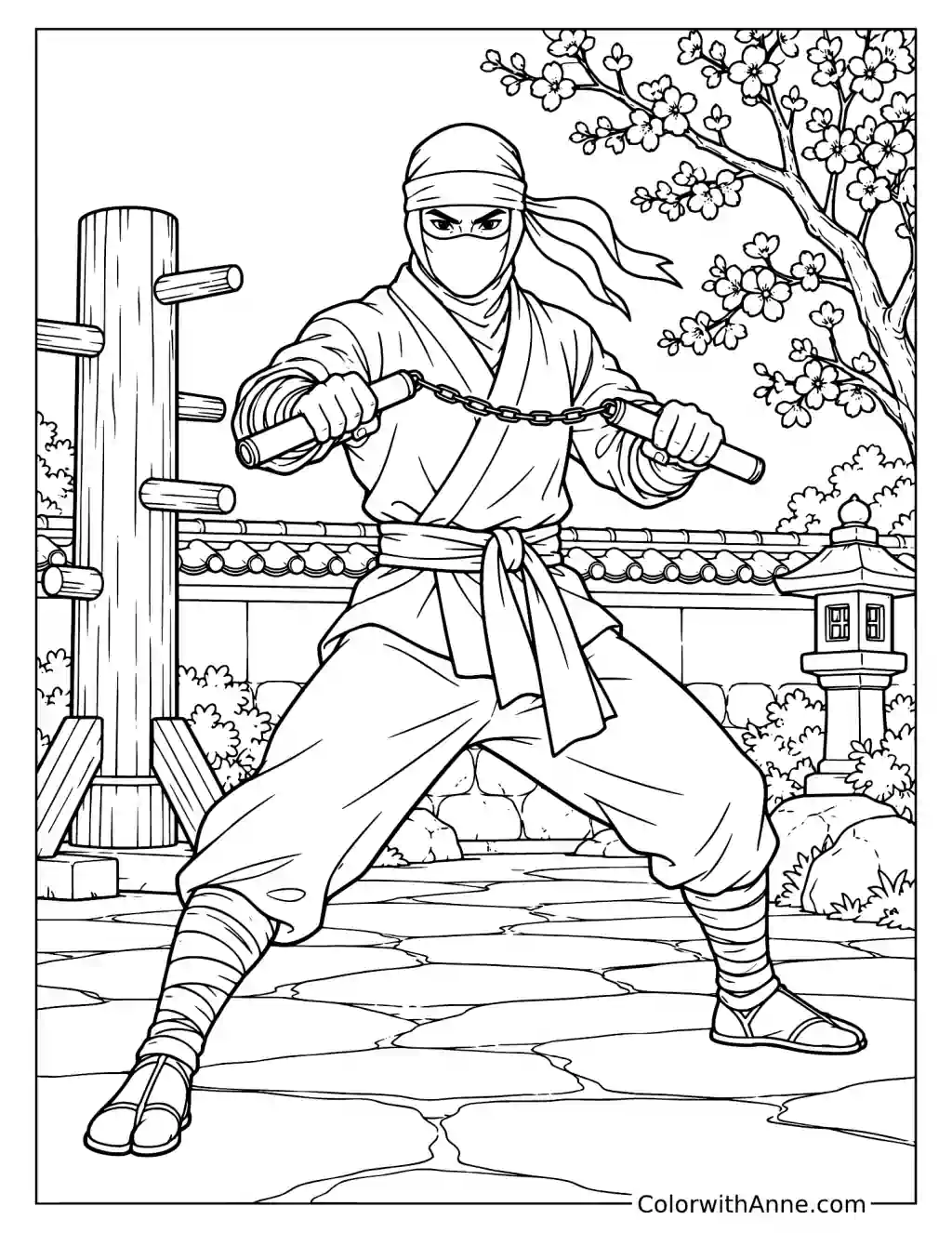 Ninja Training with Nunchaku Coloring Page
