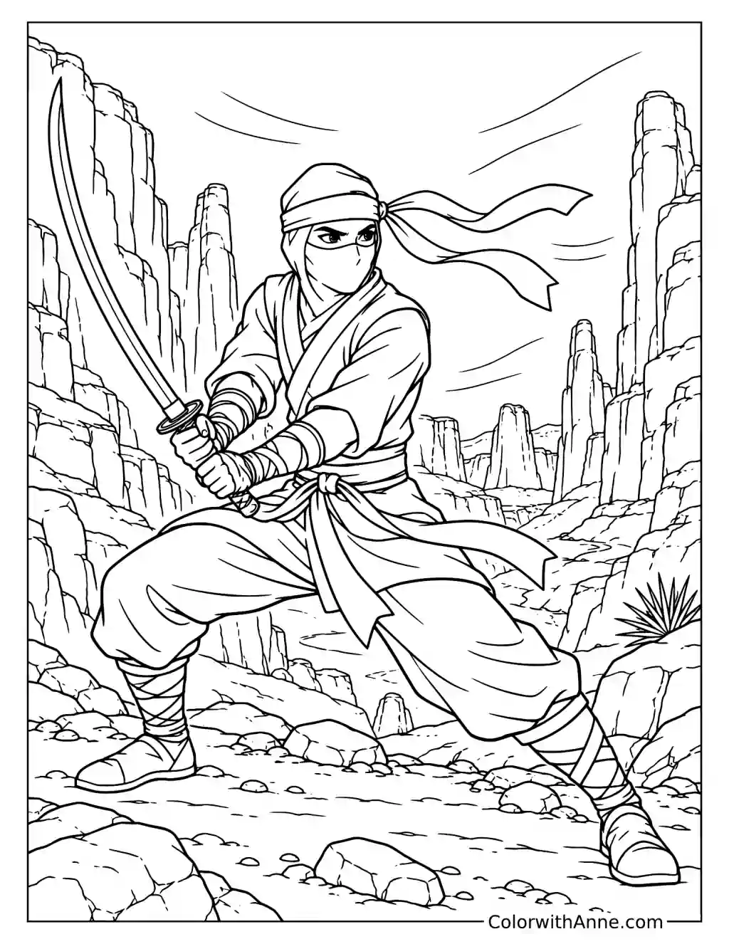 Ninja Warrior with Sword in the Windy Canyon Coloring Page