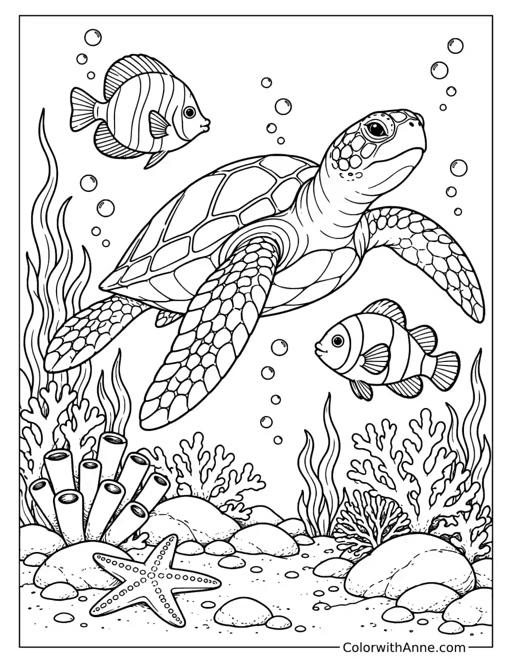 Ocean Turtle with Fish and Coral Coloring Page