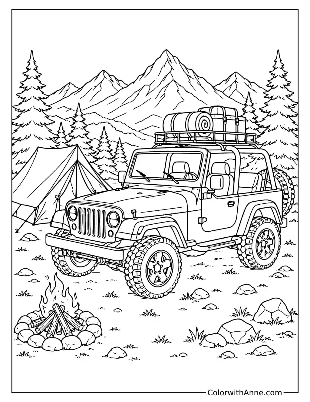 Open-Top 4x4 Camping Adventure Coloring Page