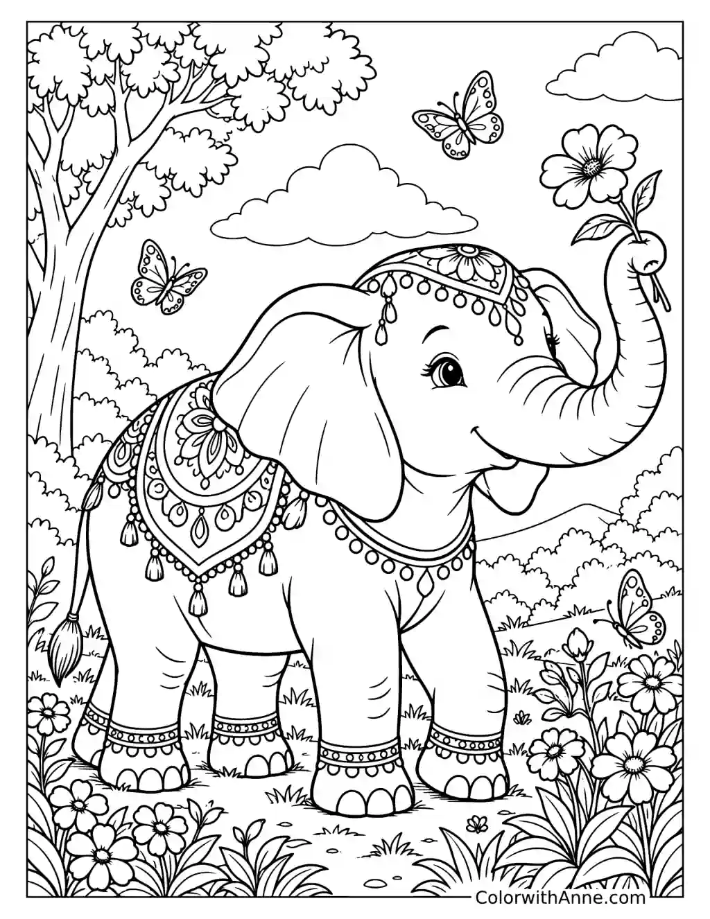Ornate Elephant Holding a Flower Coloring Page