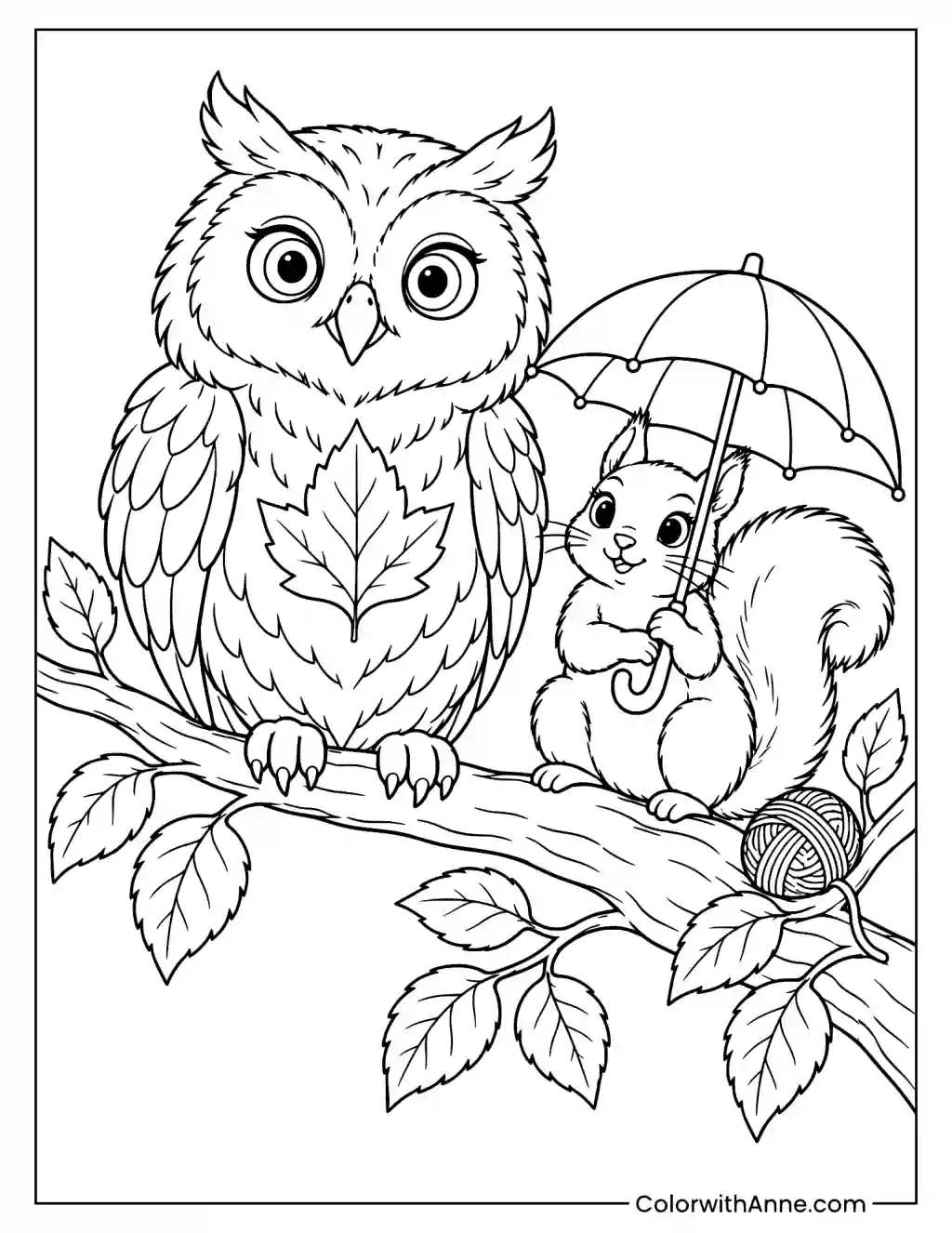 Owl and Leaf Coloring Page