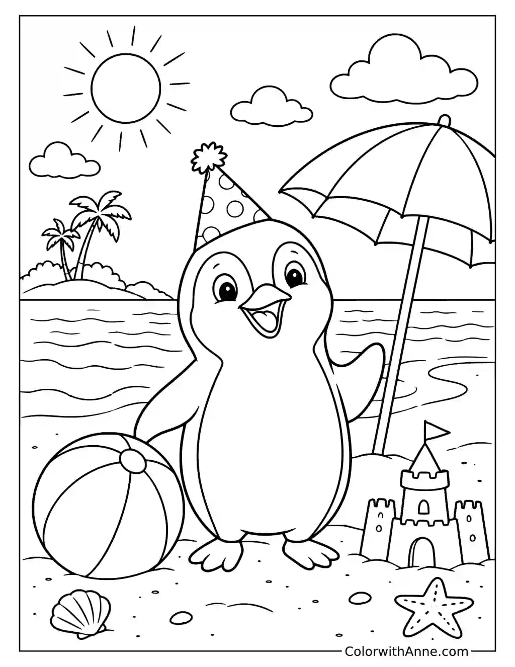 Penguin at a Beach Party Coloring Page