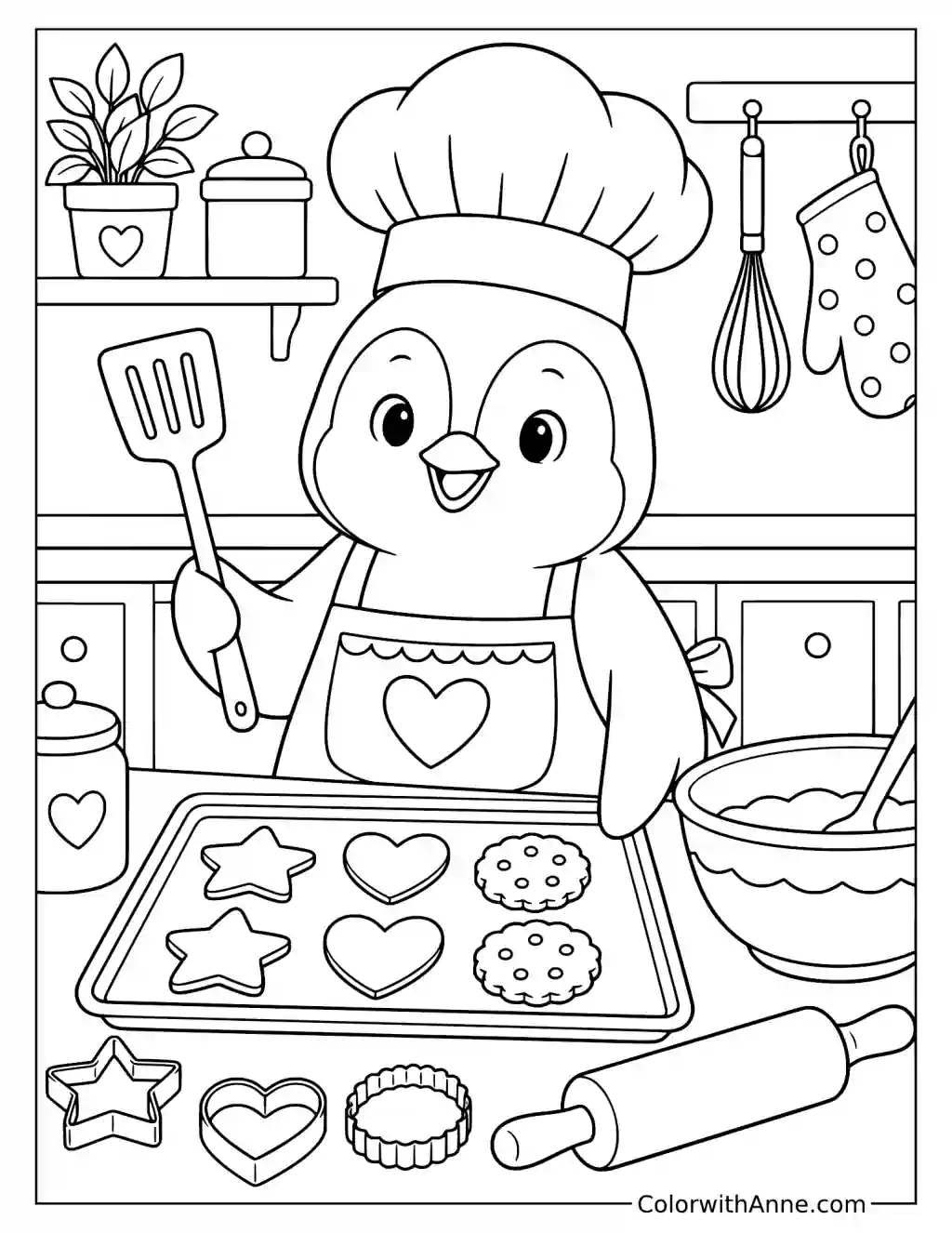 Penguin Chef Baking Cookies Coloring Page