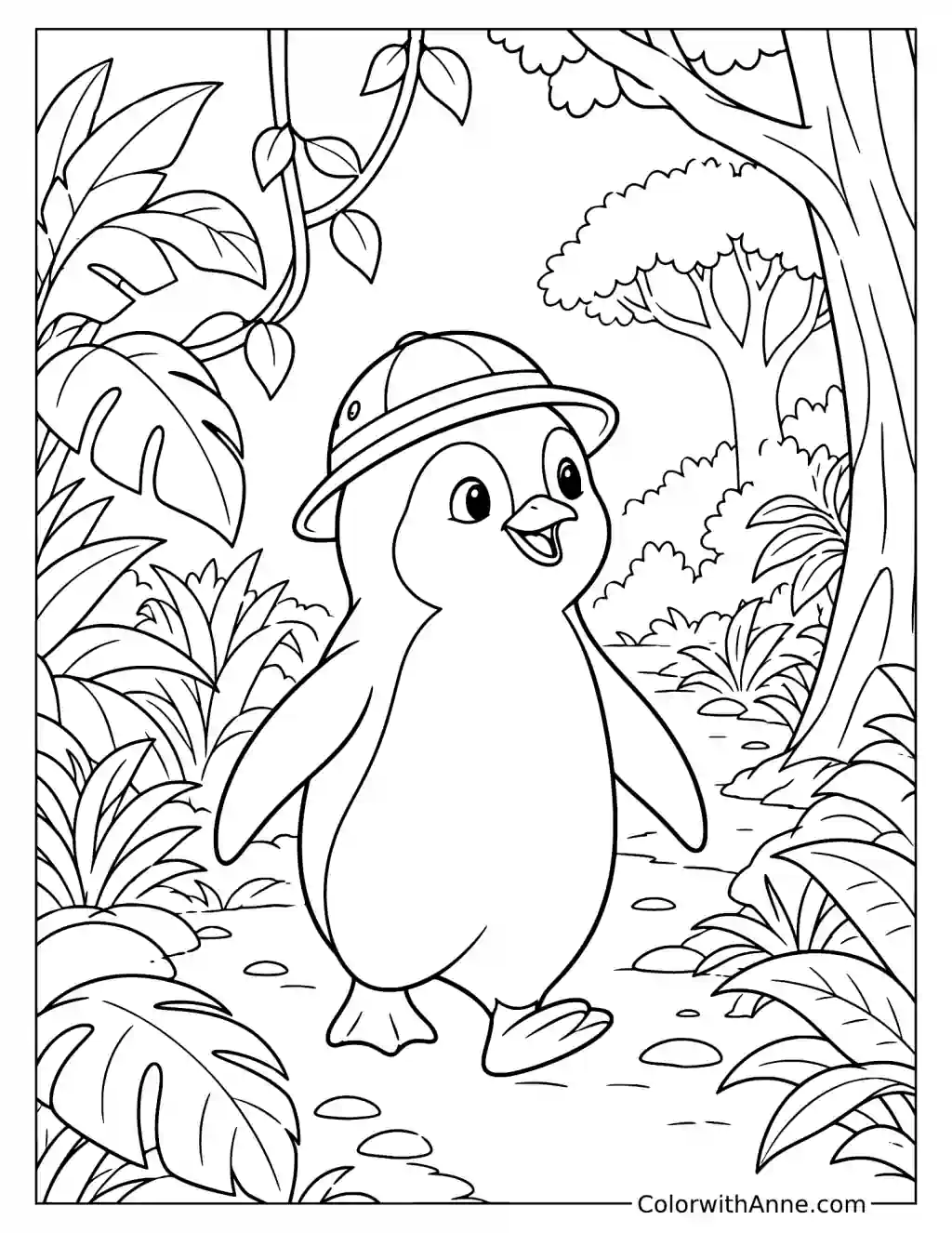 Penguin Exploring a Jungle Coloring Page