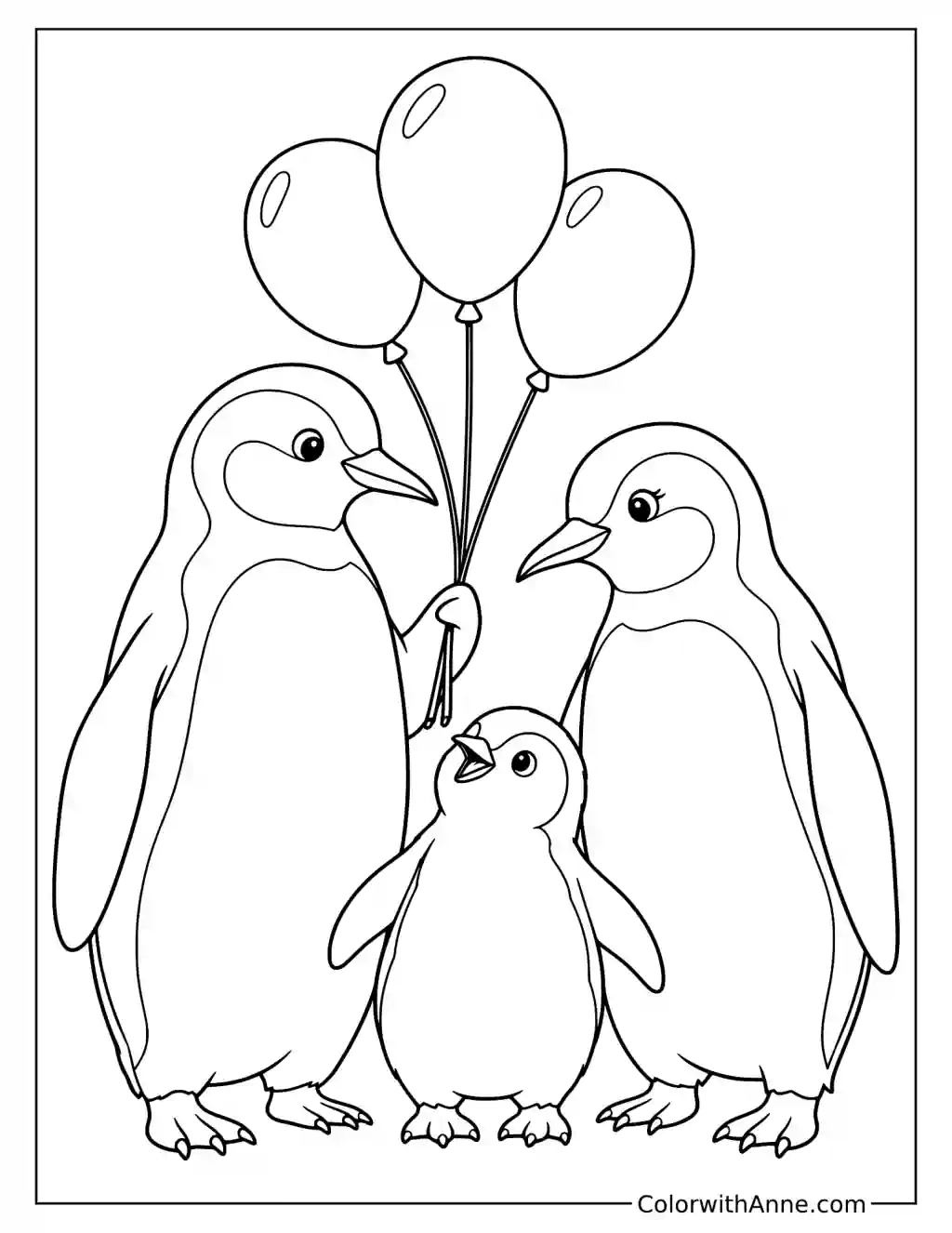 Penguin Family with Balloons Coloring Page