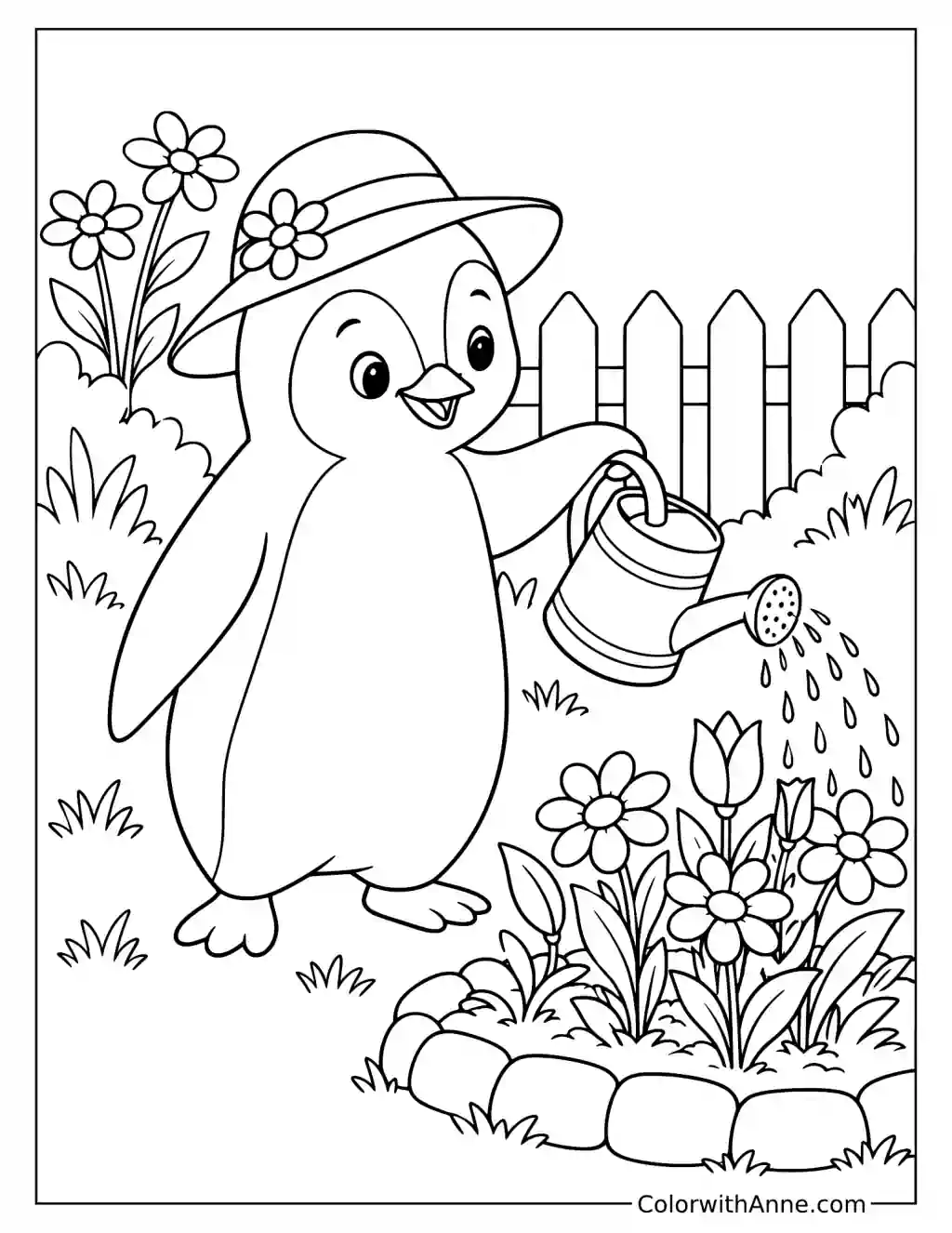 Penguin Gardening with Flowers Coloring Page