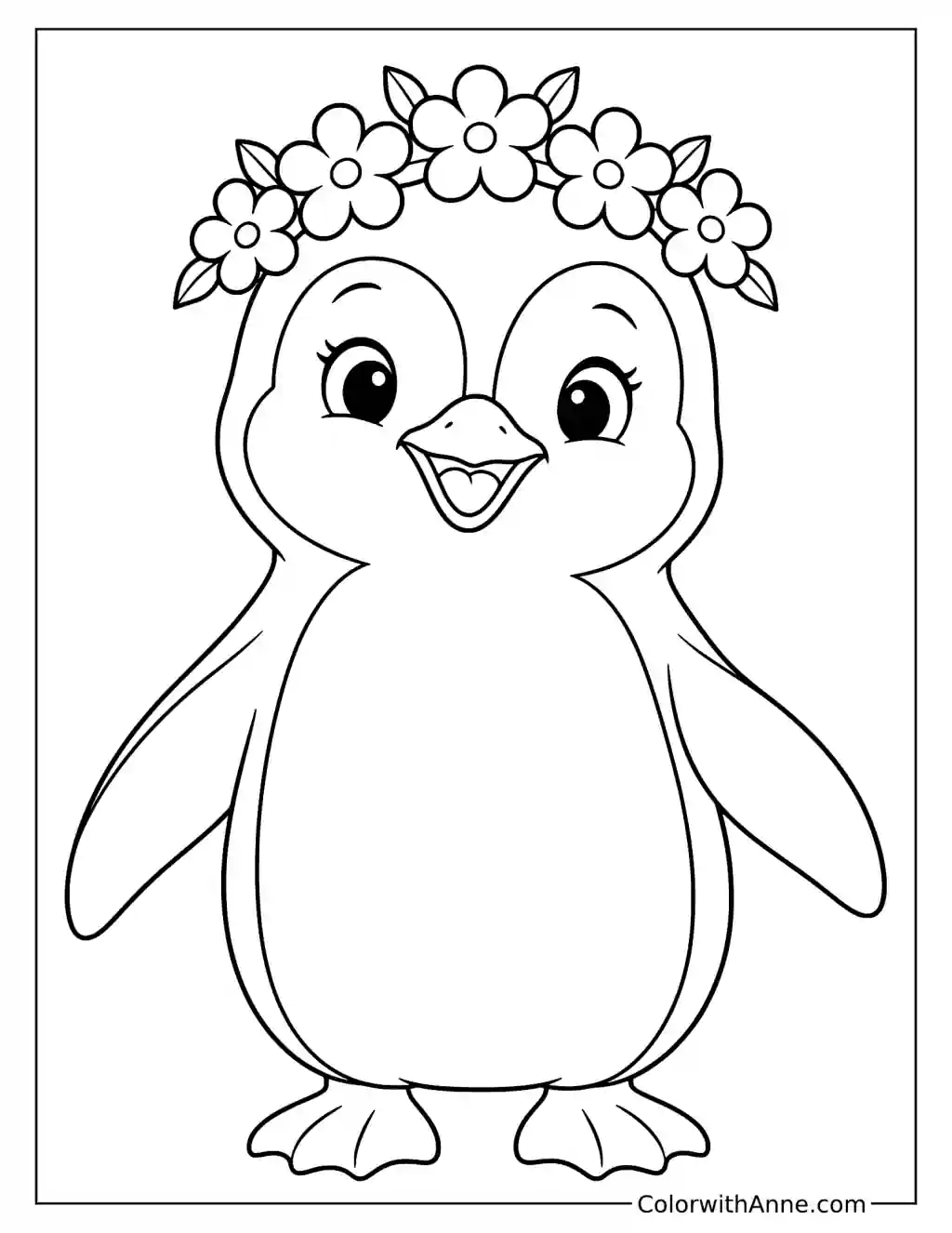 Penguin in a Flower Crown Coloring Page