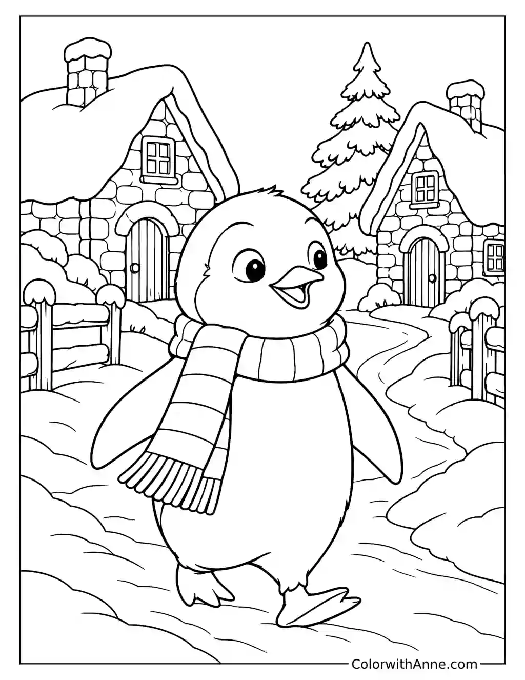 Penguin in a Snowy Village Coloring Page