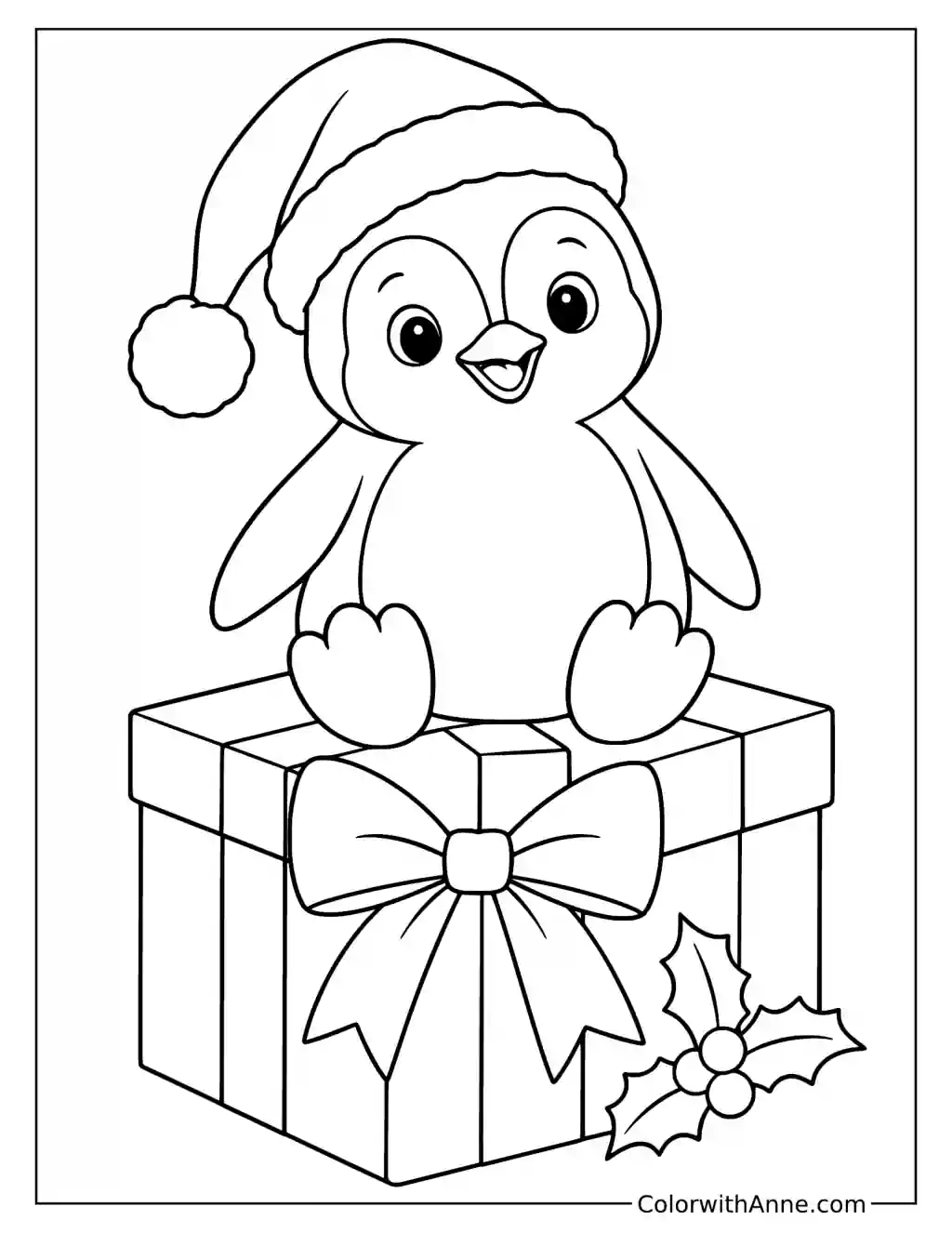 Penguin on a Christmas Gift Box Coloring Page