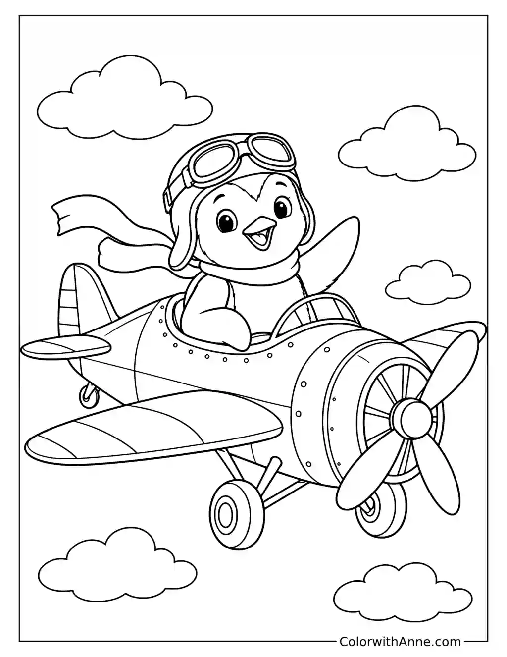 Penguin Pilot in a Mini Plane Coloring Page