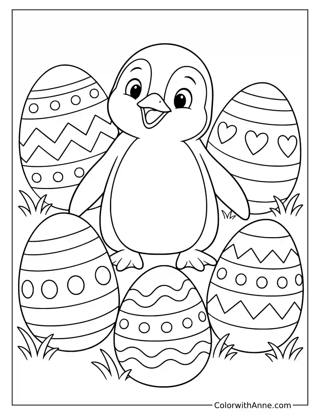 Penguin Surrounded by Easter Eggs Coloring Page