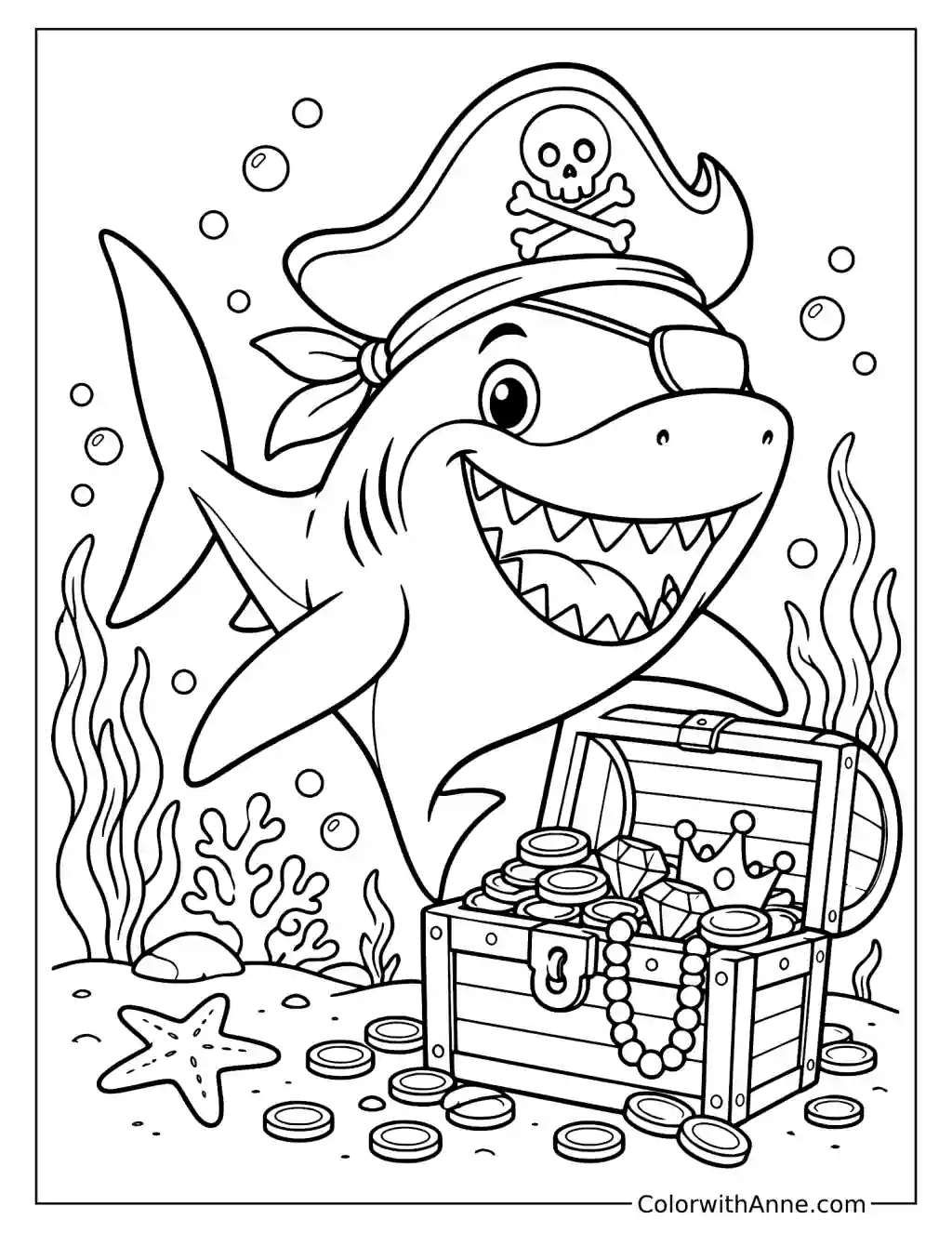 Pirate Shark with a Treasure Chest Coloring Page
