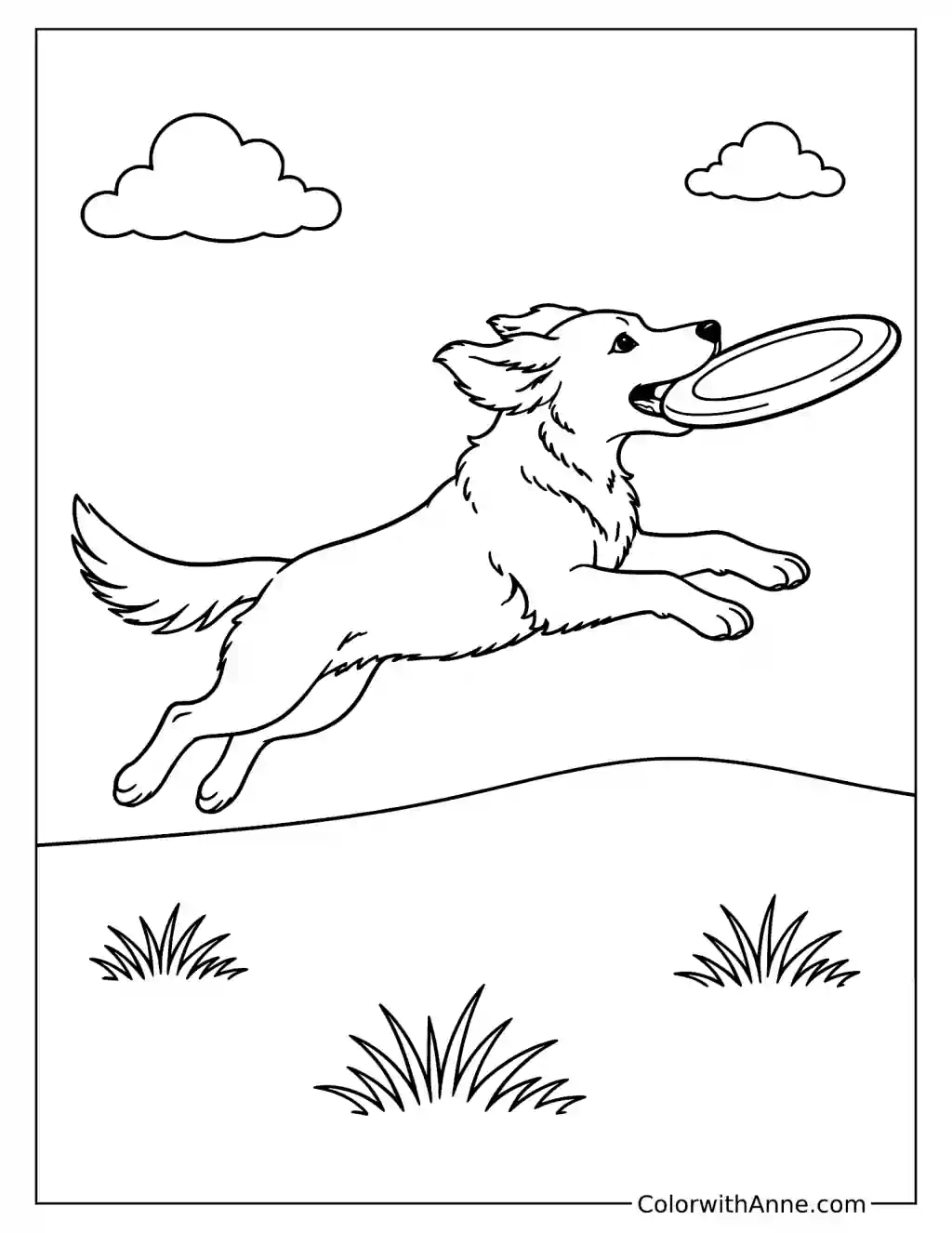 Playful Dog Catches a Frisbee Coloring Page