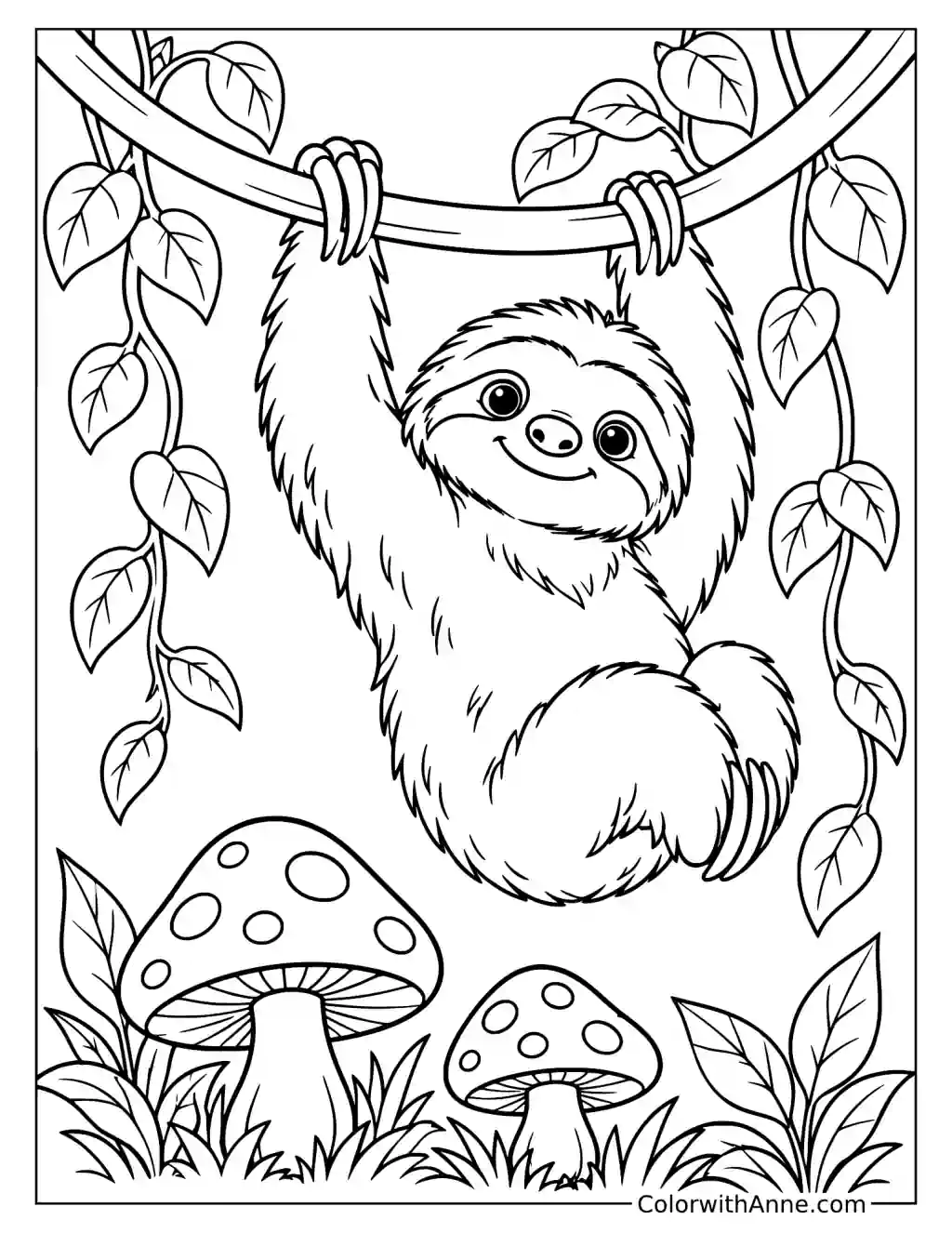 Playful Sloth Hanging from a Vine Above Mushrooms Coloring Page