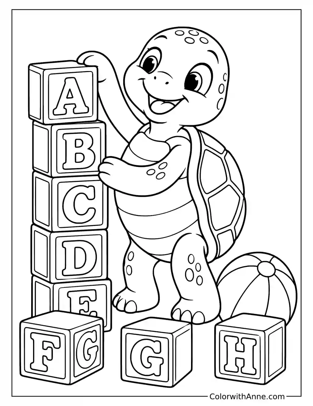 Playful Turtle Stacking Alphabet Blocks Coloring Page