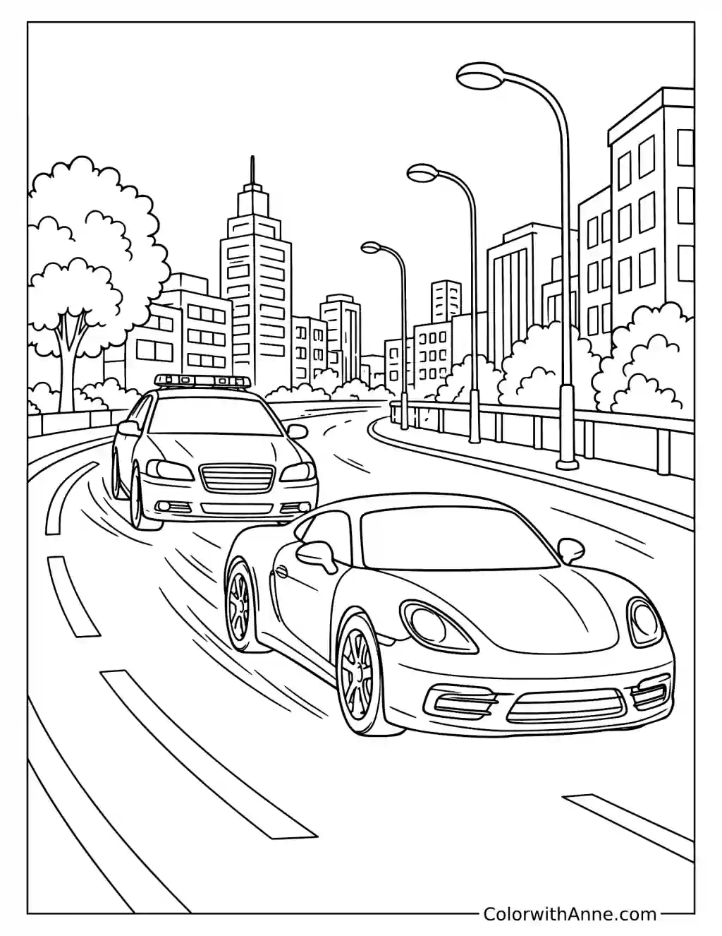 Police Car Chasing a Speeding Car Coloring Page