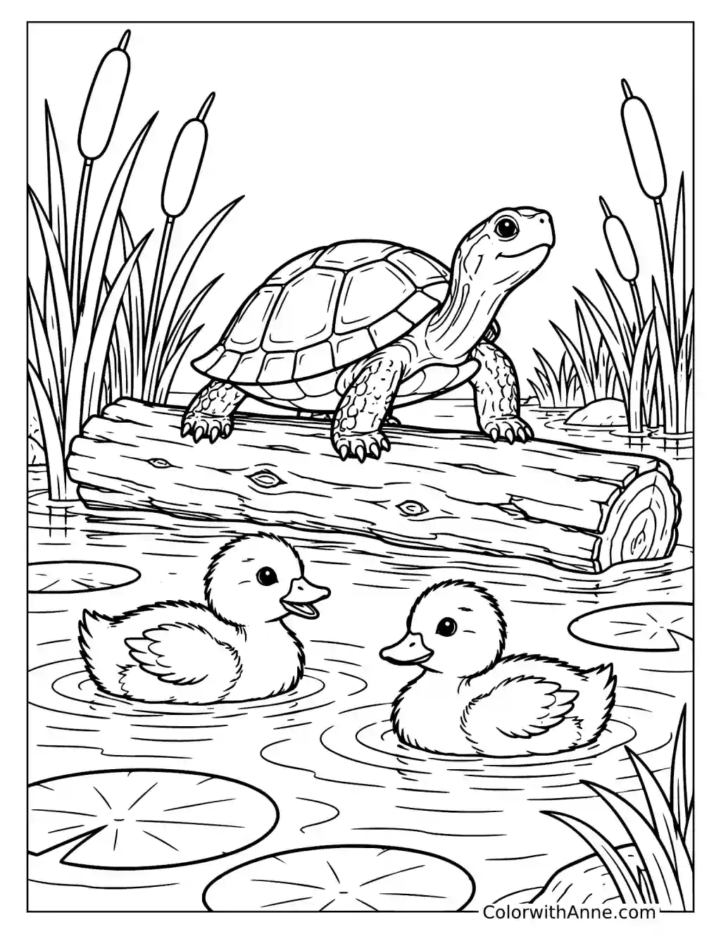 Pond Turtle on a Log with Ducklings Coloring Page