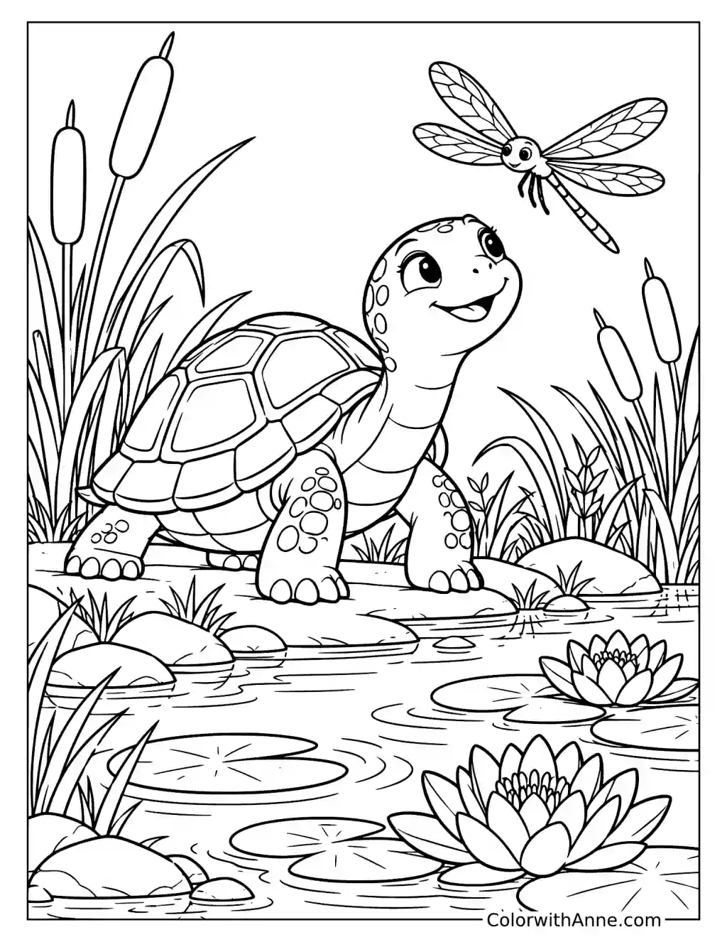 Pond Turtle with Dragonfly and Water Lilies Coloring Page