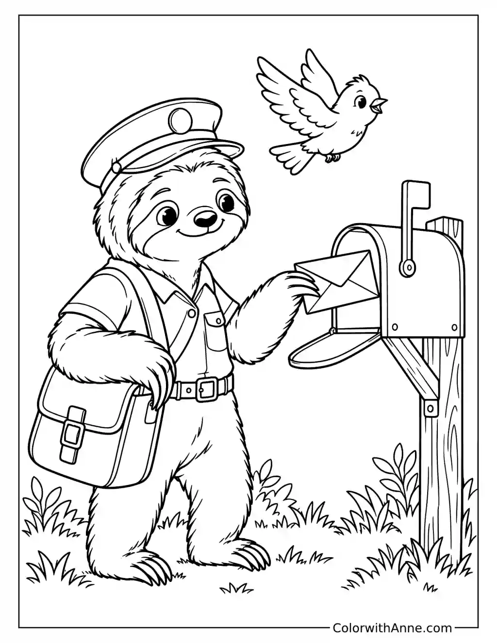 Postman Sloth Mailing a Letter Coloring Page
