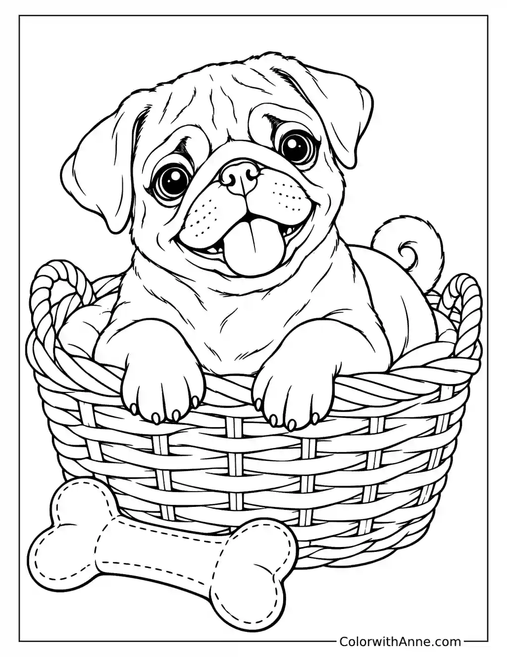 Pug Puppy in a Basket with Toy Bone Dog Coloring Page