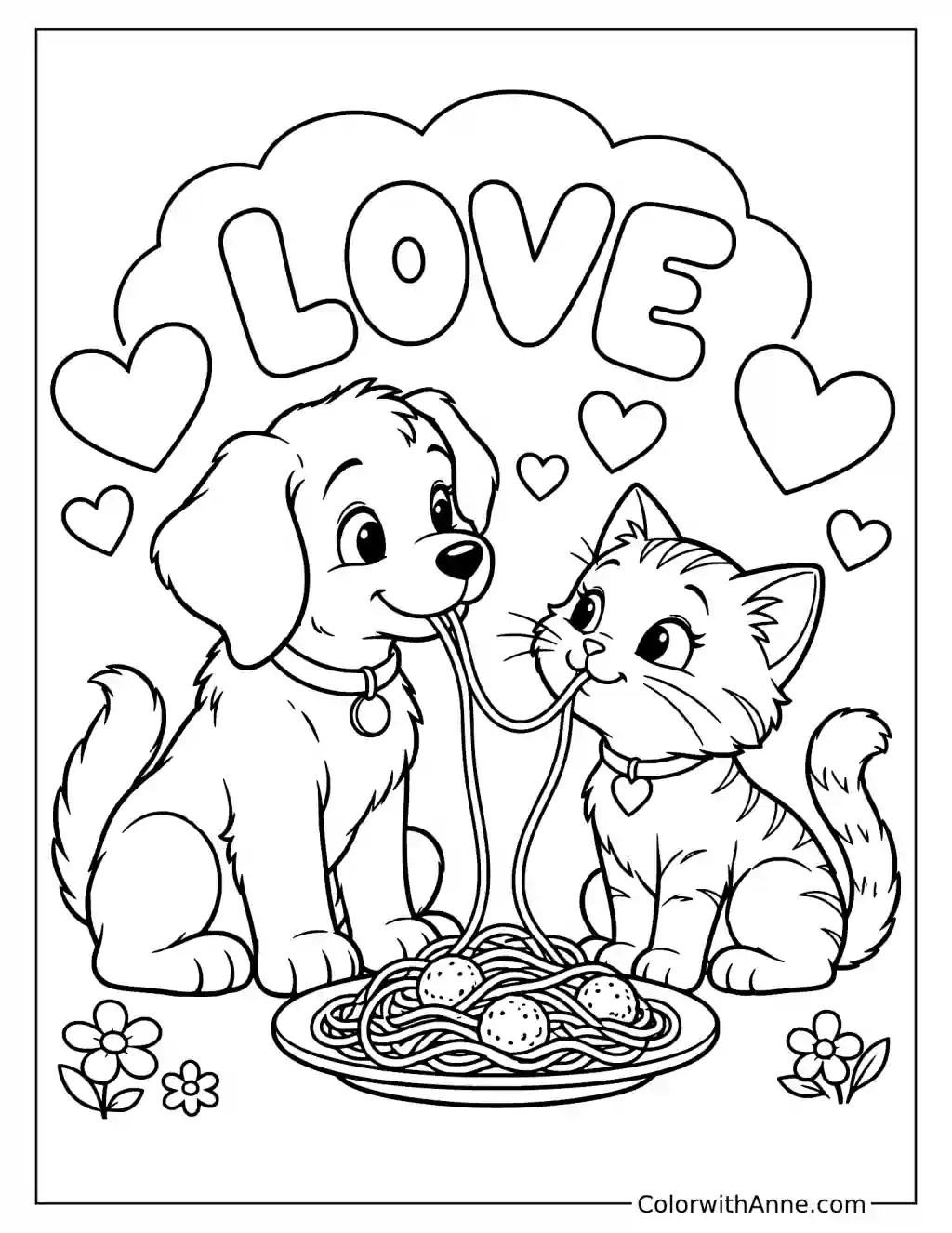 Puppy and Kitten Sharing Food Coloring Page