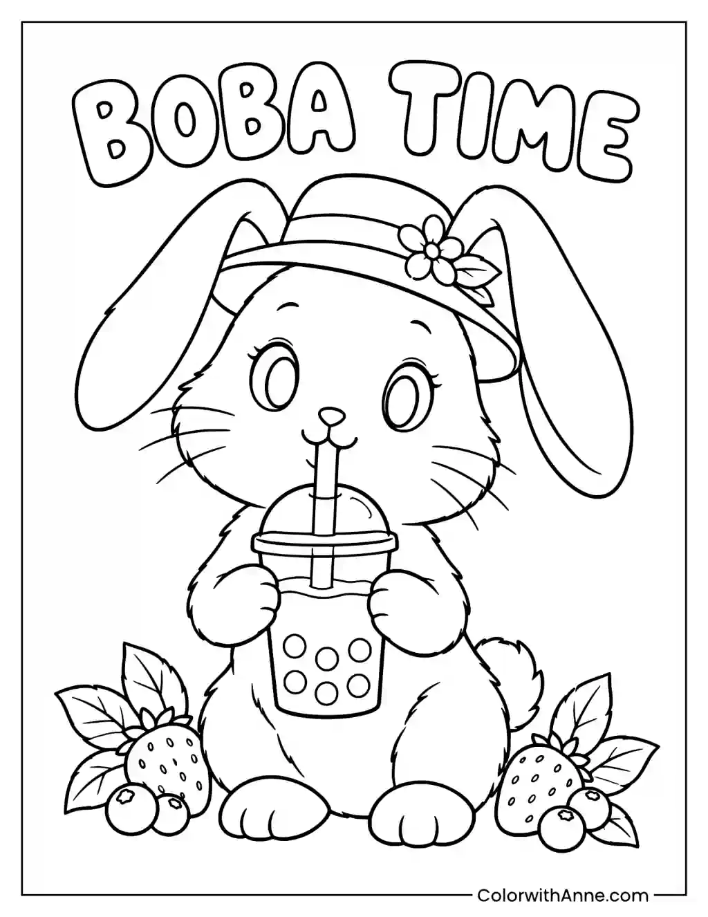 Rabbit Enjoying Boba Time Coloring Page