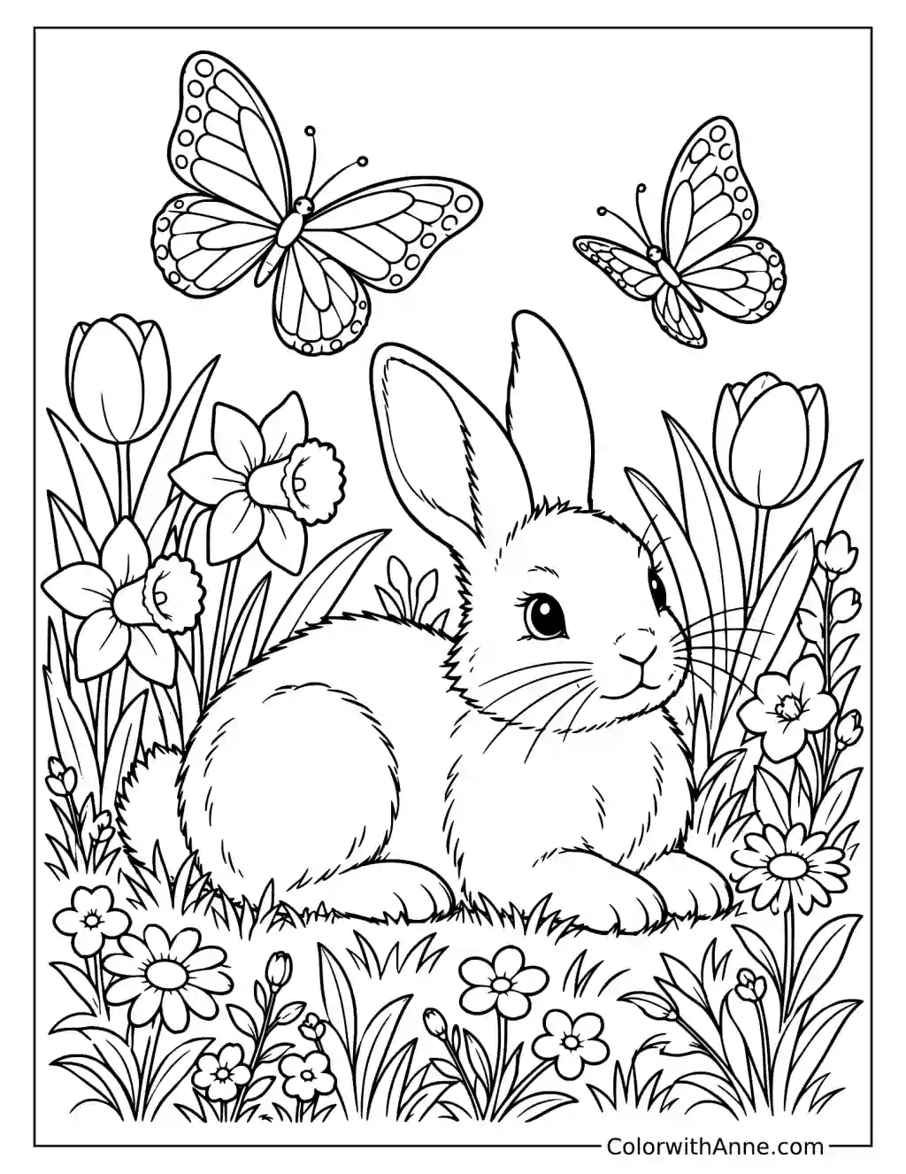 Rabbit in a Field of Spring Flowers and Butterflies Coloring Page
