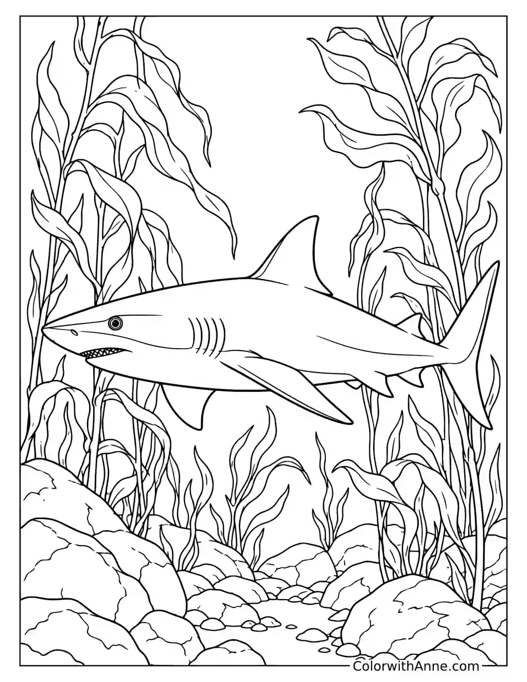 Reef Shark Swimming Through a Kelp Forest Coloring Page