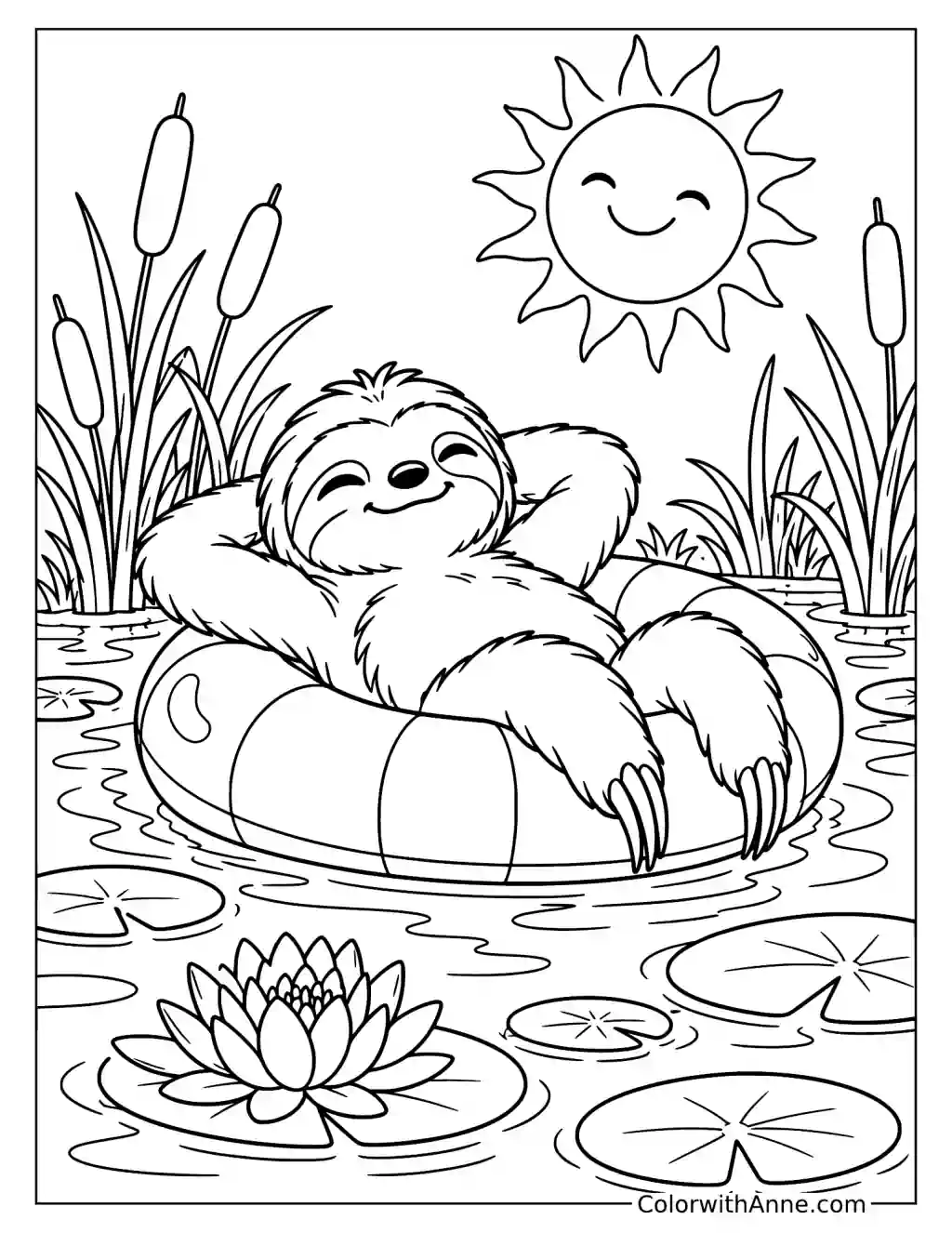 Relaxing Sloth Floating on a Pool Ring Coloring Page