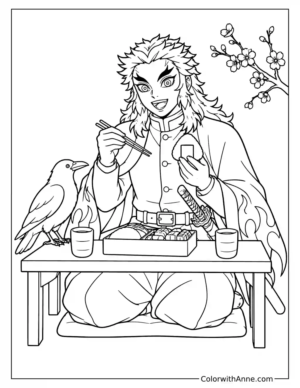 Rengoku Enjoying a Bento Meal with His Crow Coloring Page