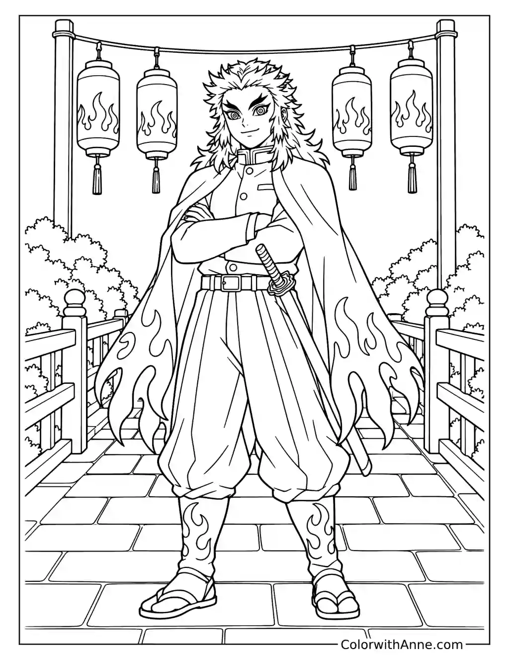 Rengoku Standing Beneath Flame Lanterns Coloring Page
