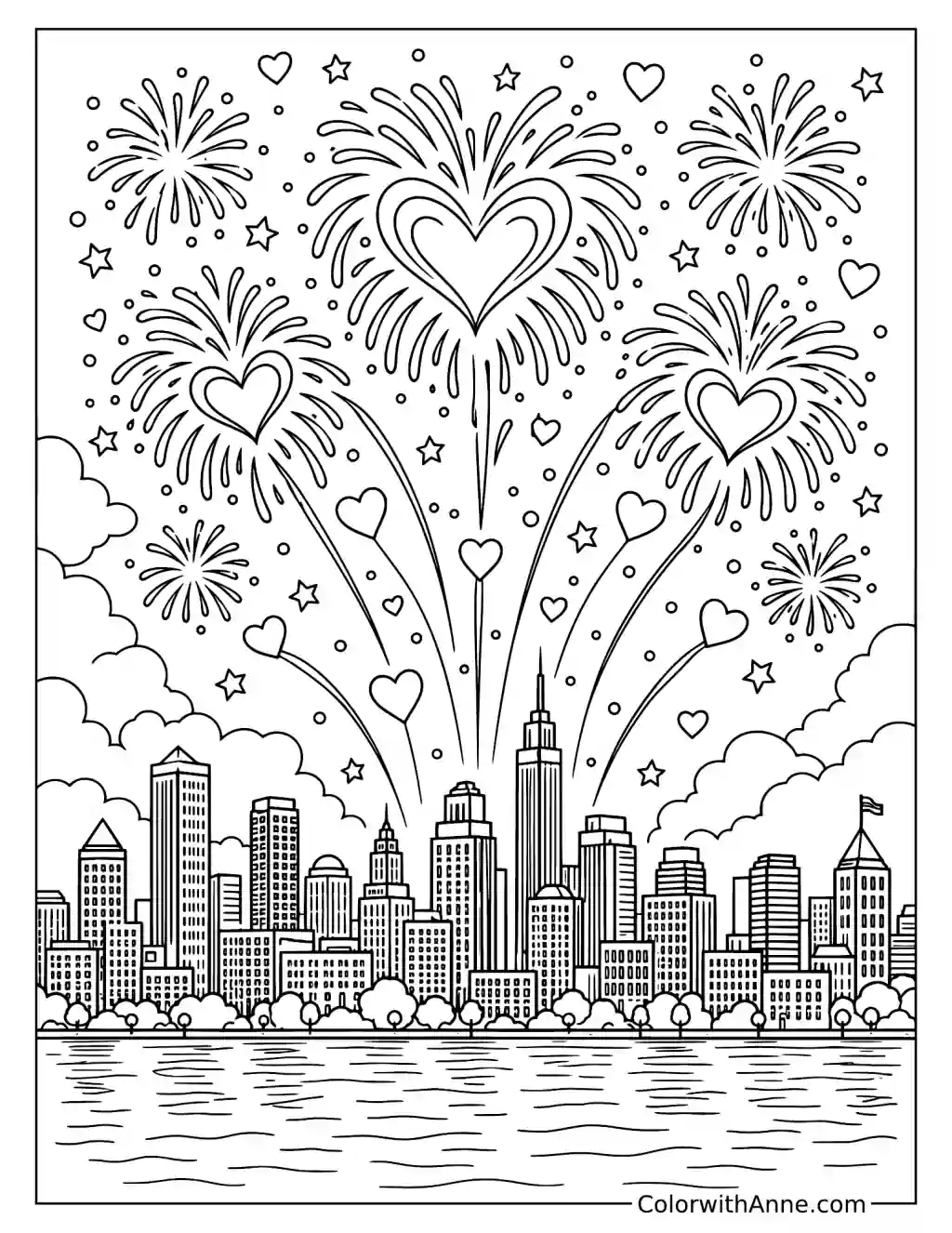 Romantic Fireworks Coloring Page
