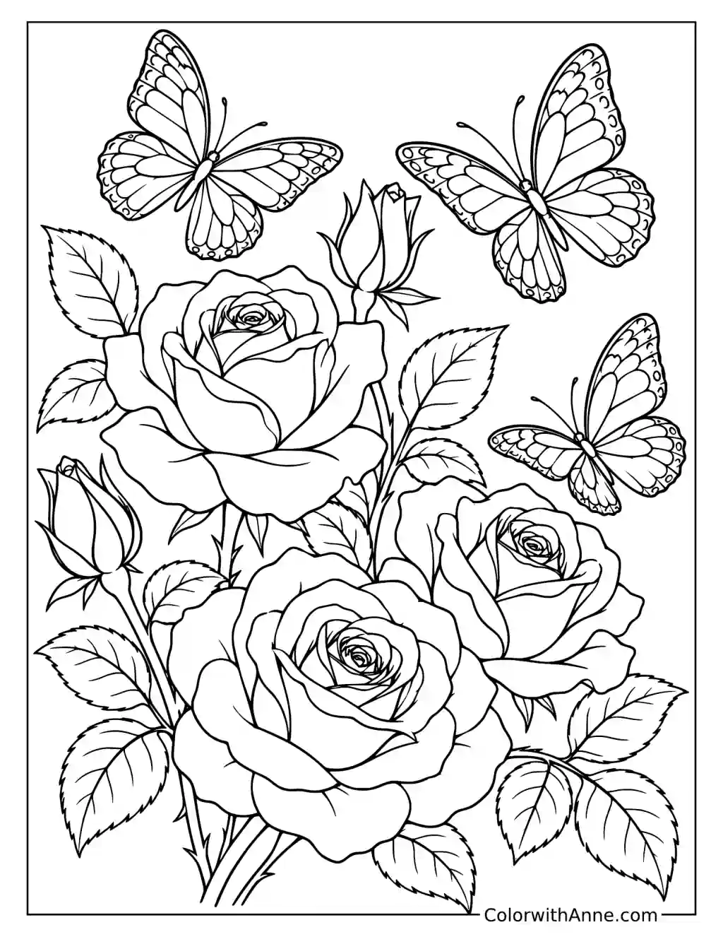 Roses and Butterflies Spring Coloring Page