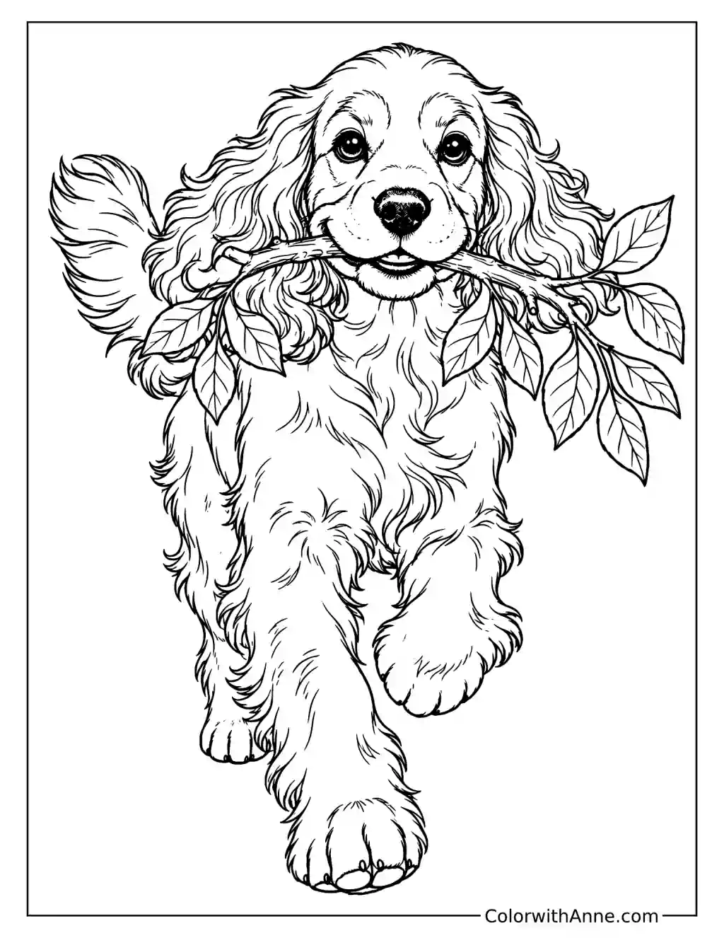 Running Cocker Spaniel with a Branch Dog Coloring Page