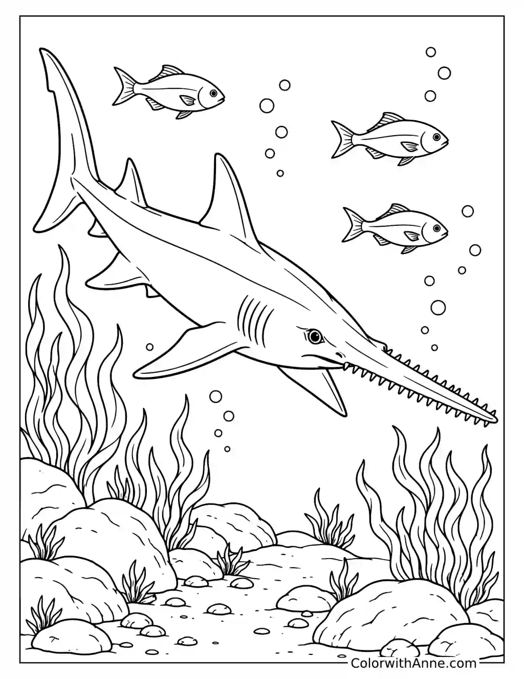 Sawshark Swimming with Small Fish Underwater Coloring Page