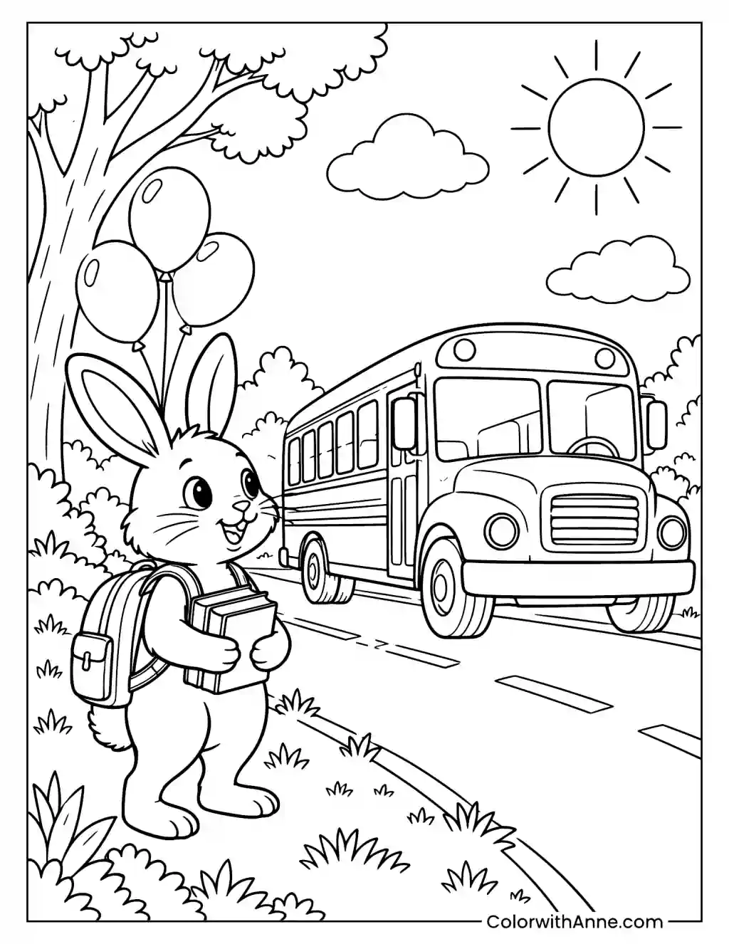 School Bus and Rabbit Student Coloring Page