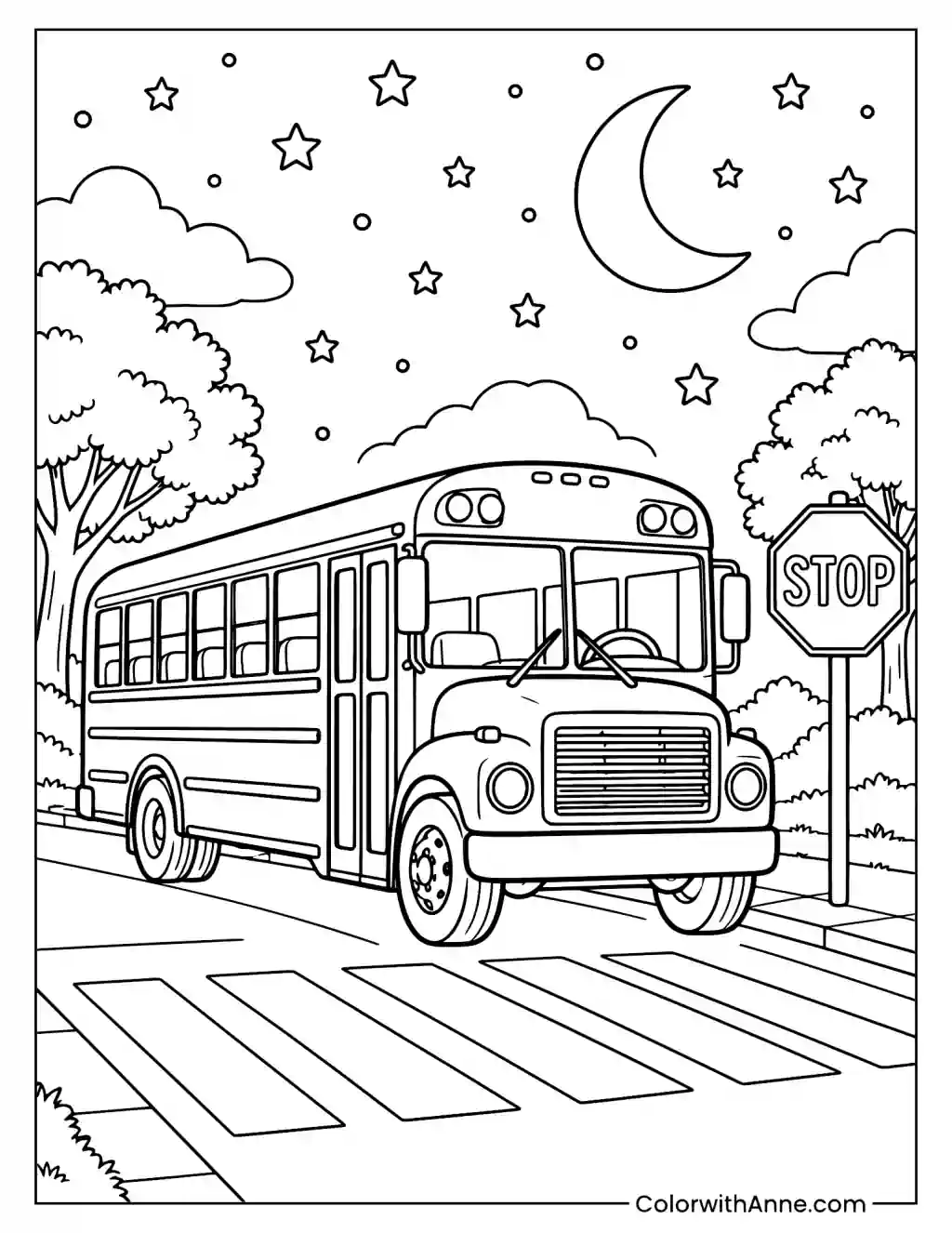 School Bus Under a Starry Night Coloring Page