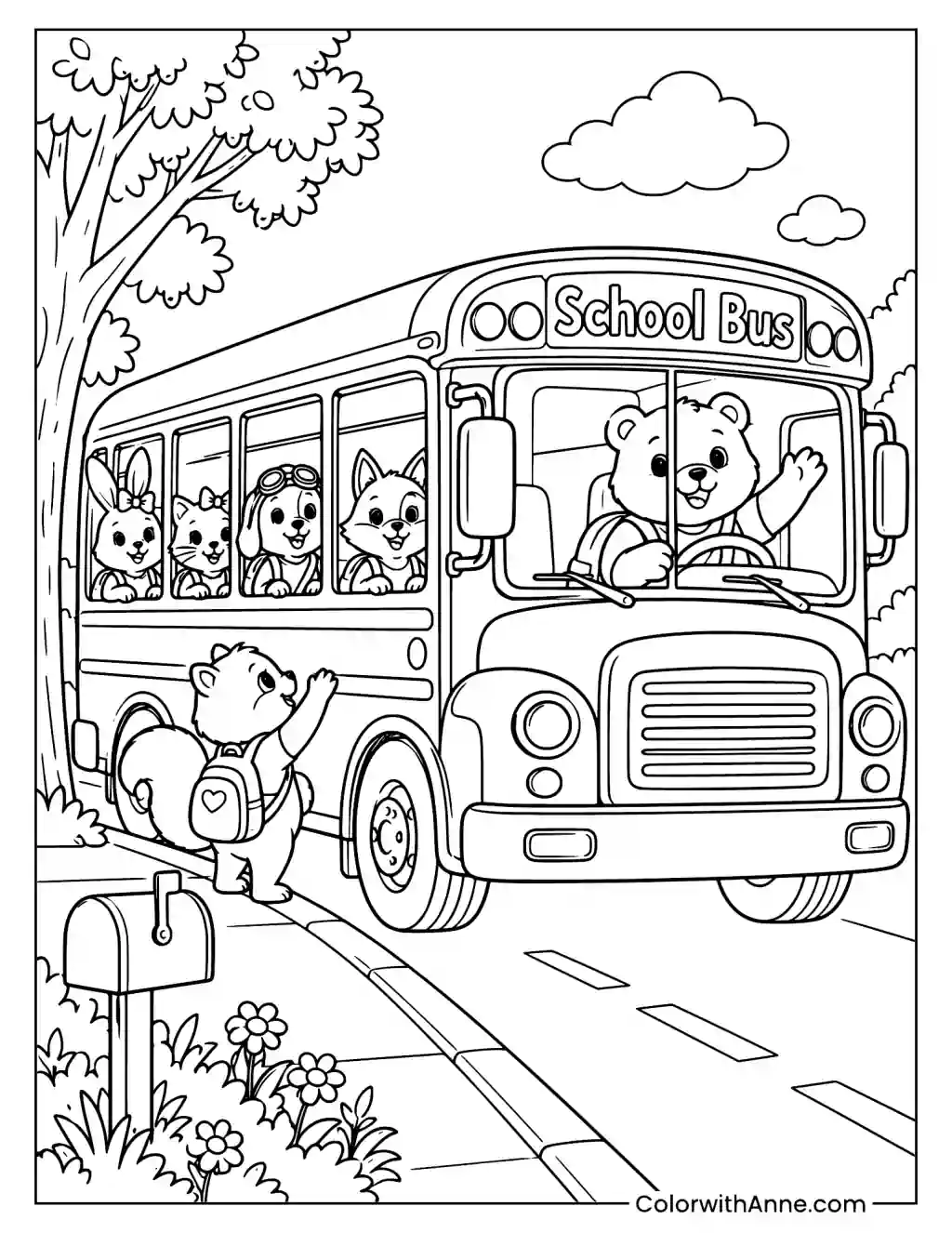 School Bus with Animal Friends at a Bus Stop Coloring Page