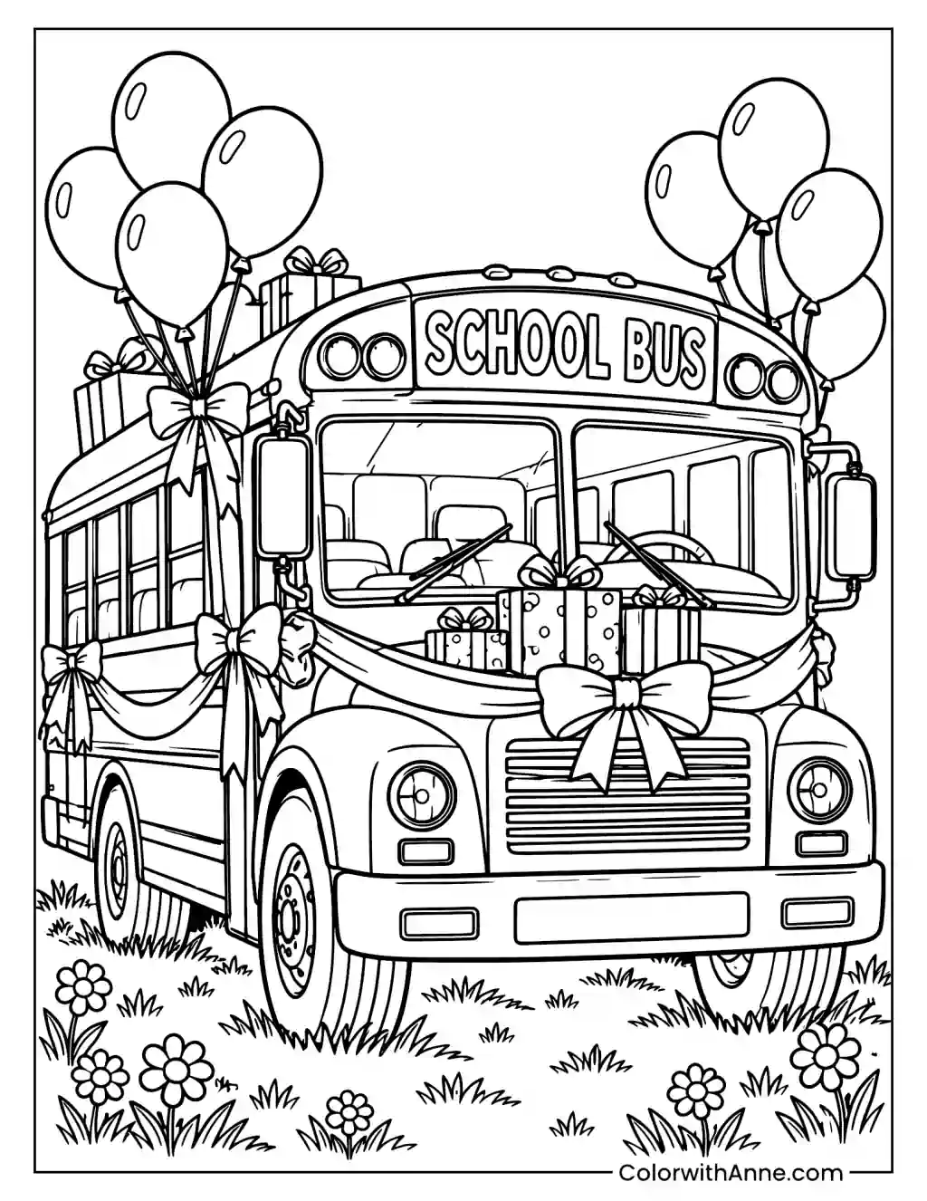School Bus with Birthday Decorations Coloring Page