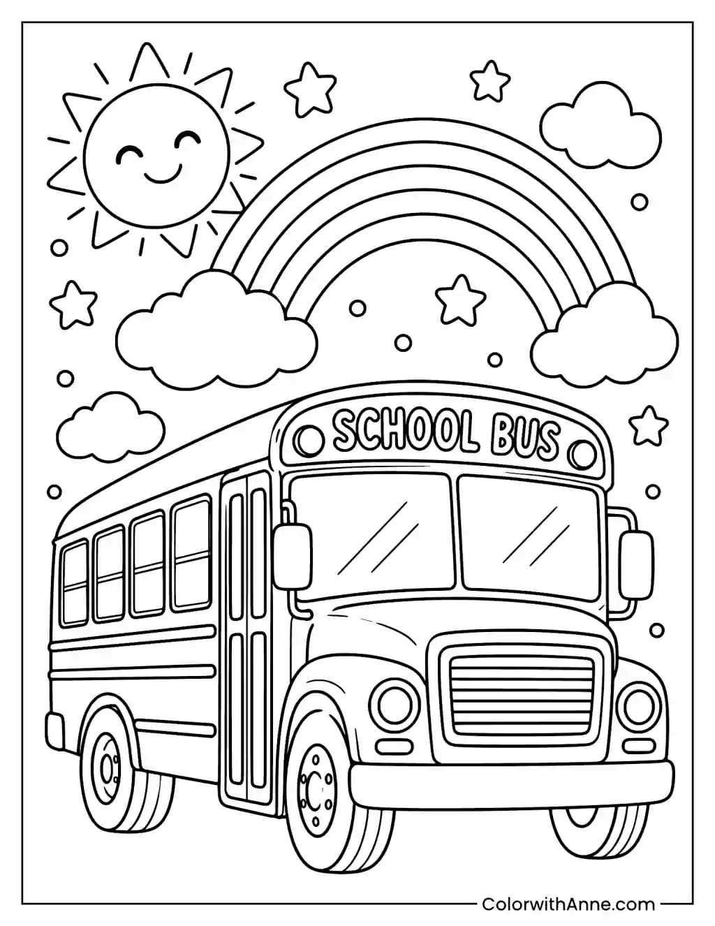 School Bus with Rainbow and Stars Coloring Page