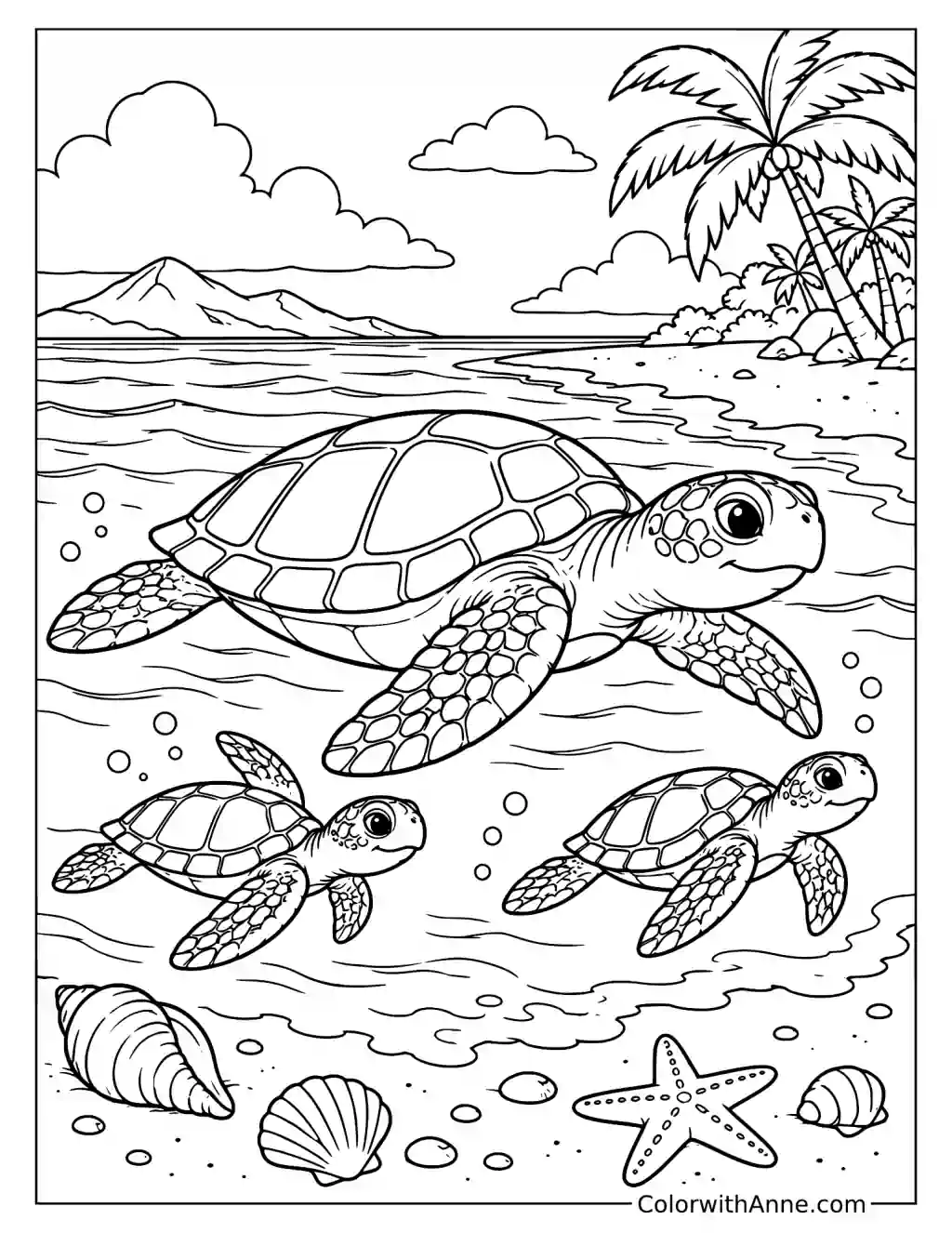 Sea Turtle Family at the Beach Coloring Page