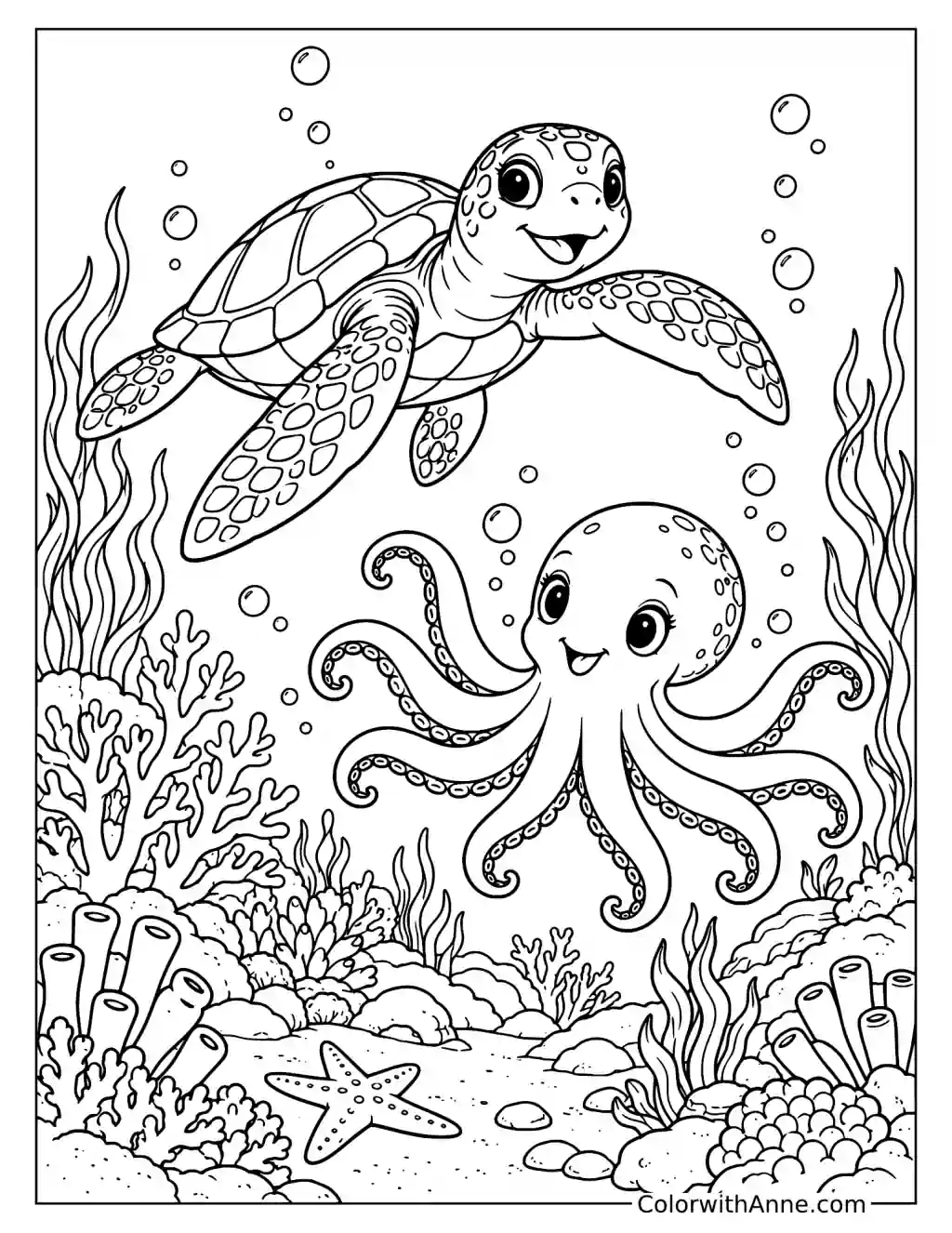 Sea Turtle Swimming with a Friendly Octopus Coloring Page