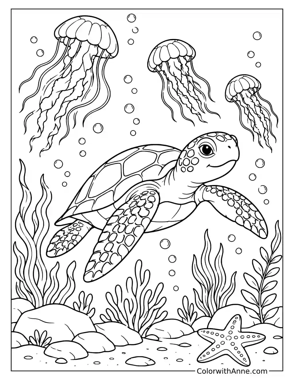 Sea Turtle Swimming with Jellyfish Coloring Page