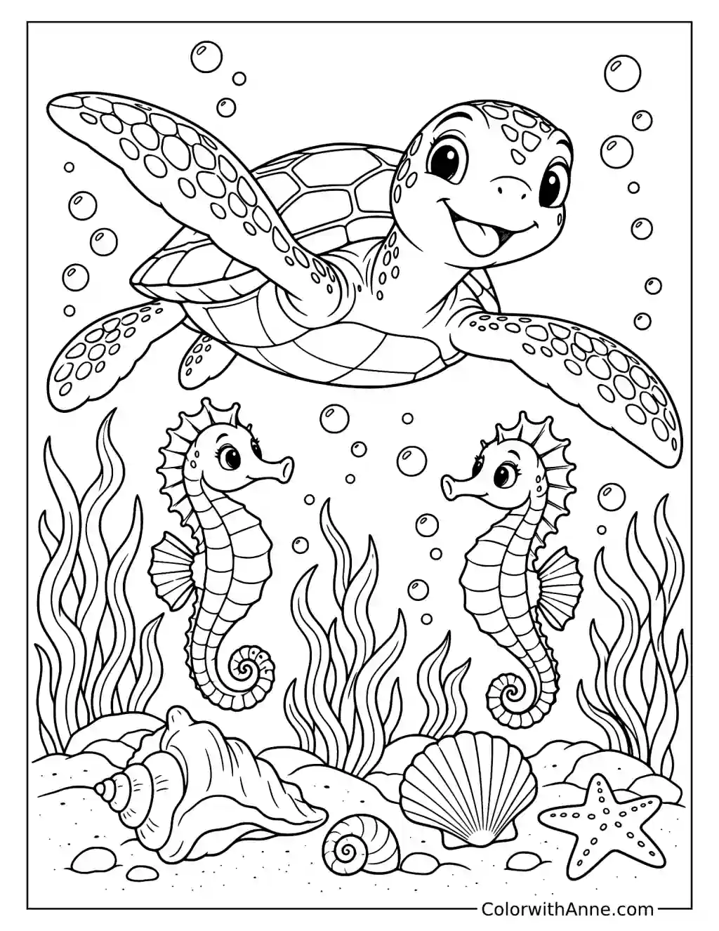 Sea Turtle Swimming with Seahorses Coloring Page