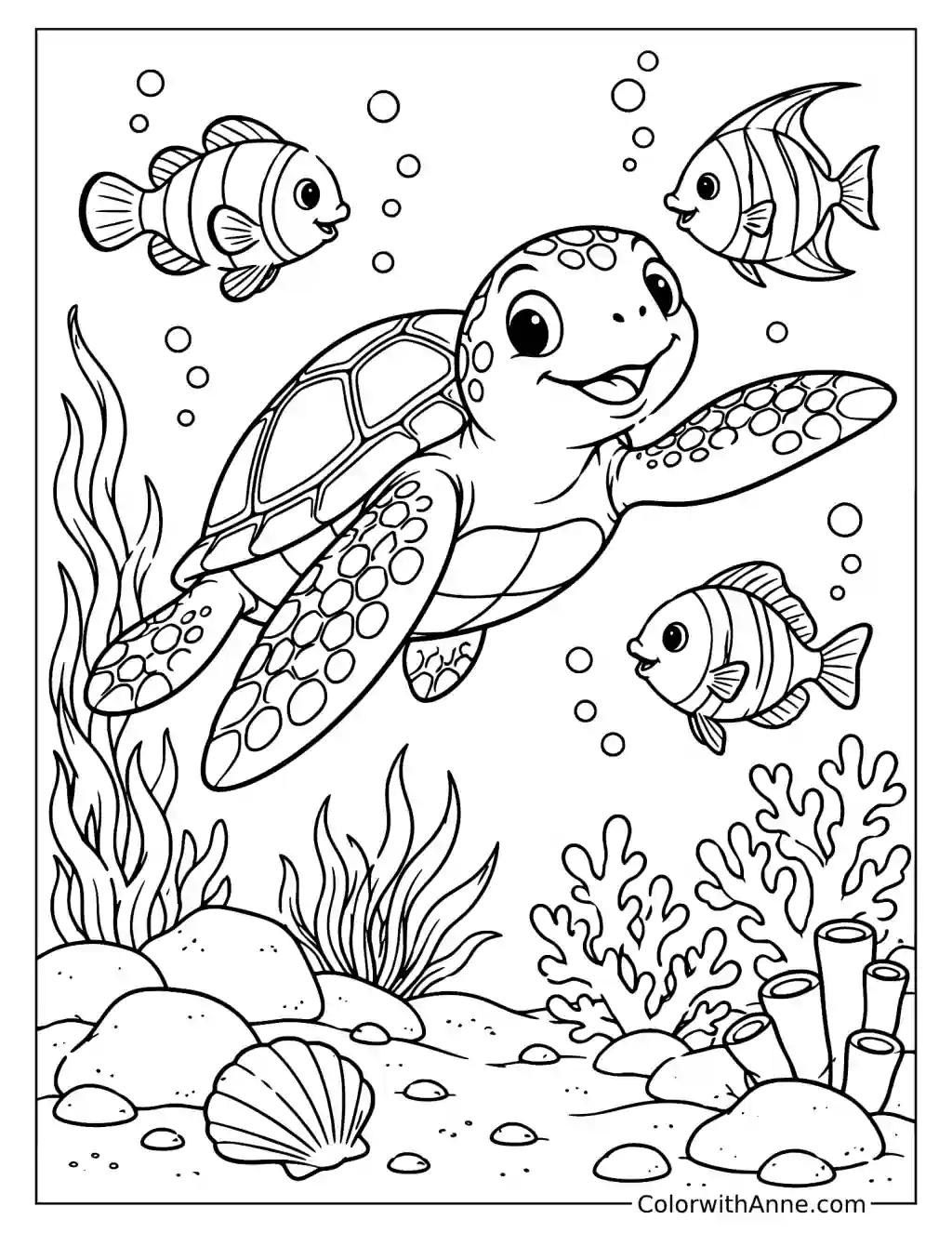 Sea Turtle with Fish Underwater Easy Coloring Page